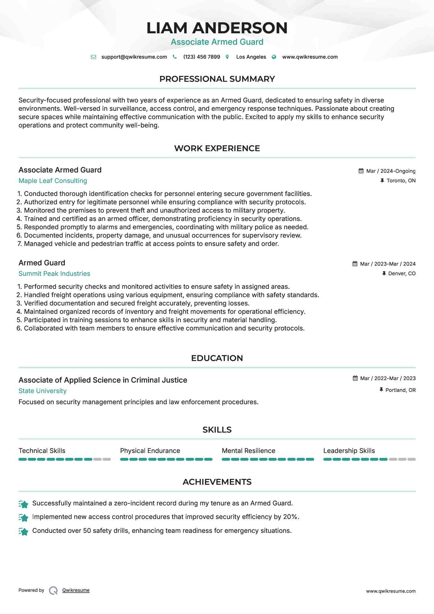 Associate Armed Guard Resume Example