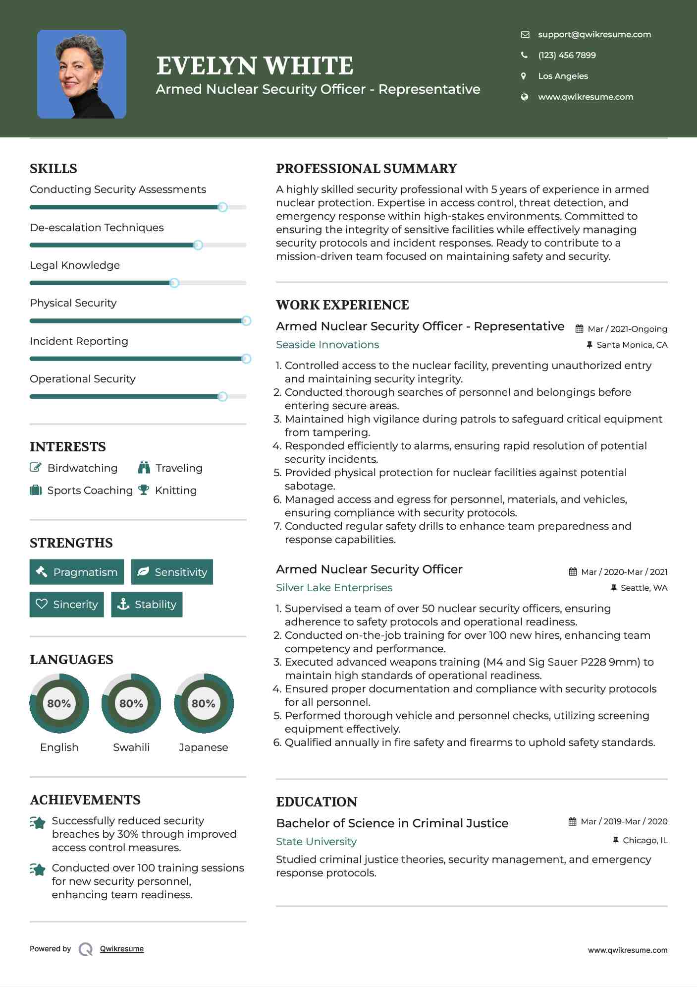 Armed Nuclear Security Officer - Representative Resume Sample