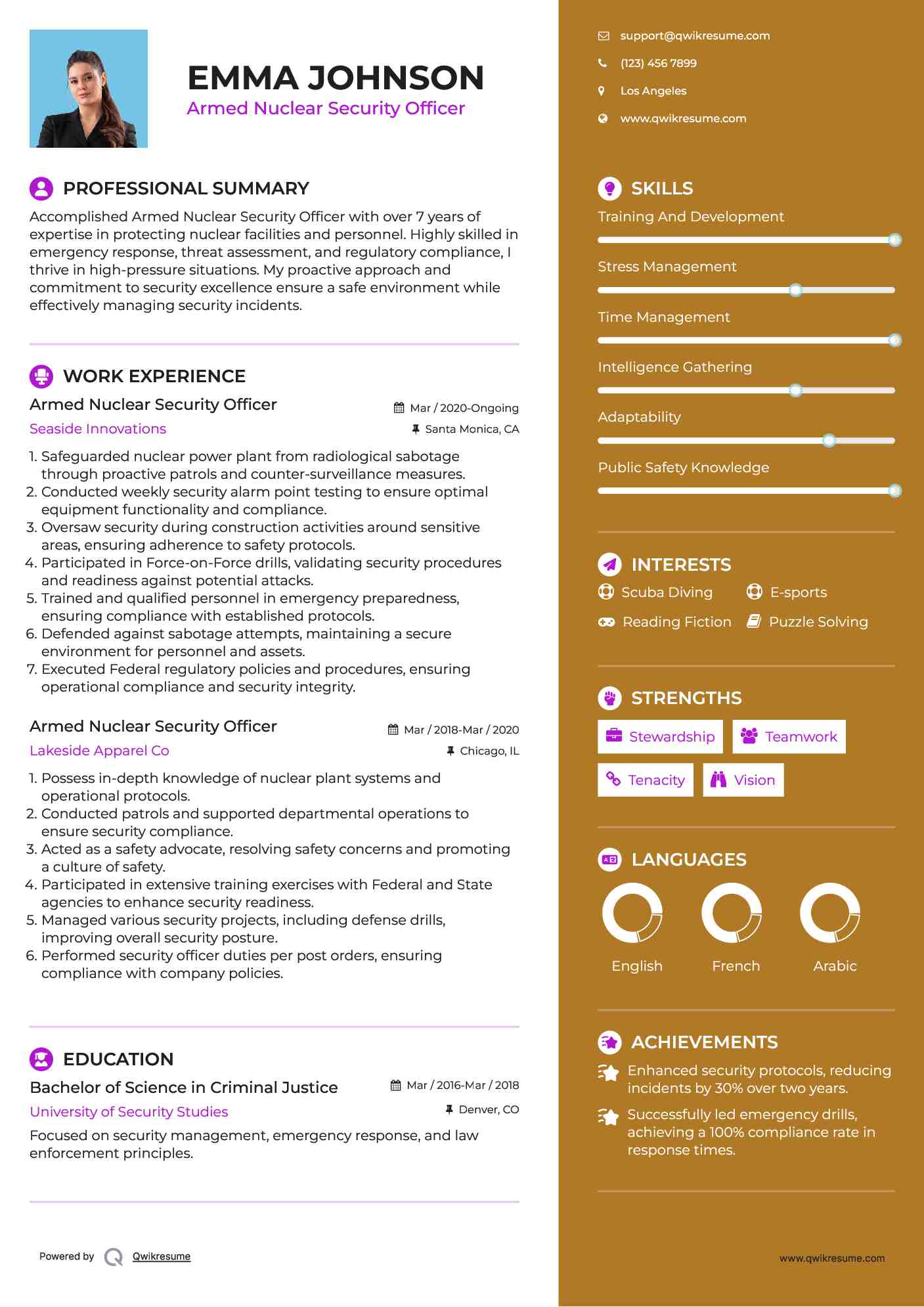 Armed Nuclear Security Officer Resume Model