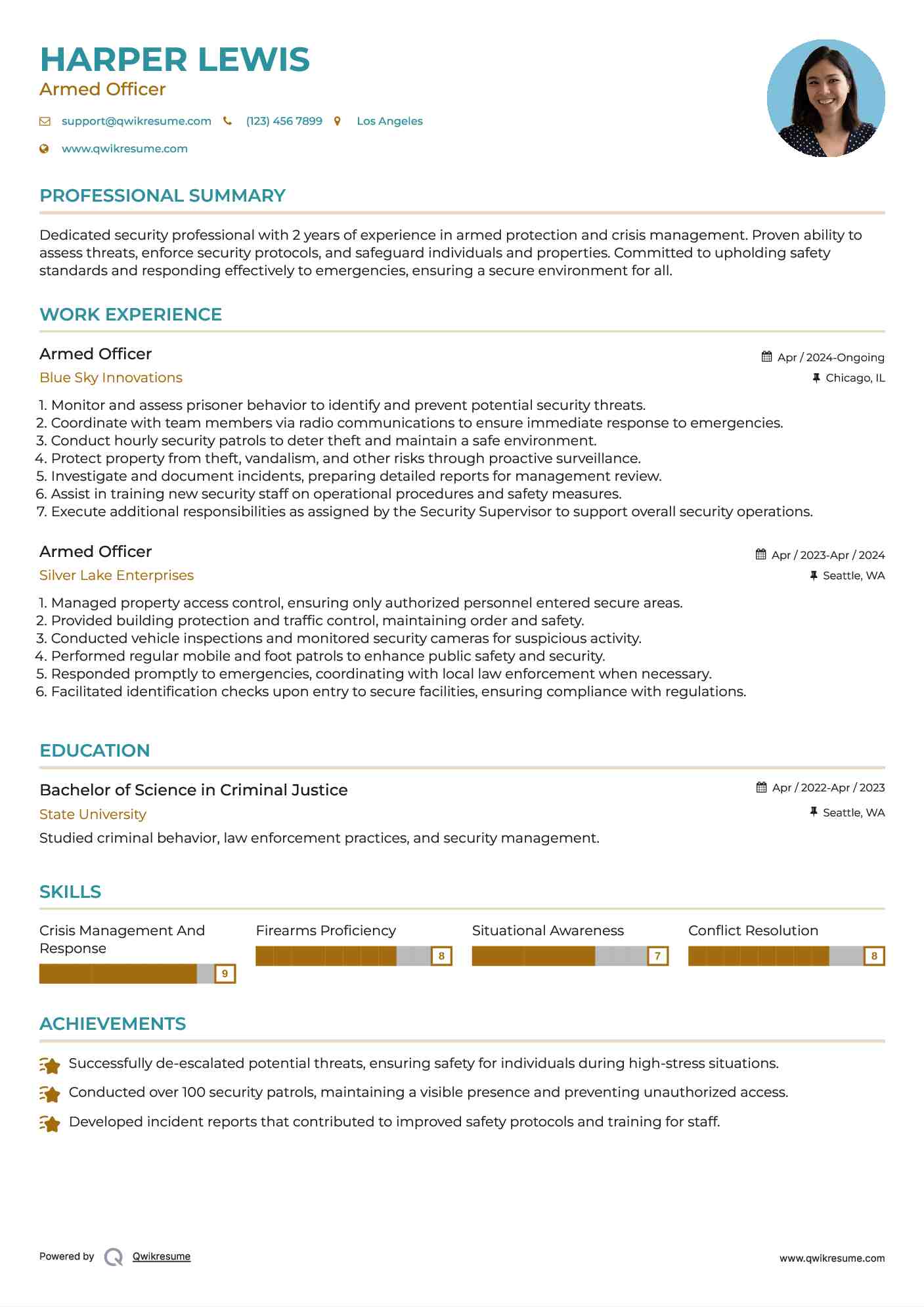 Armed Officer Resume Sample