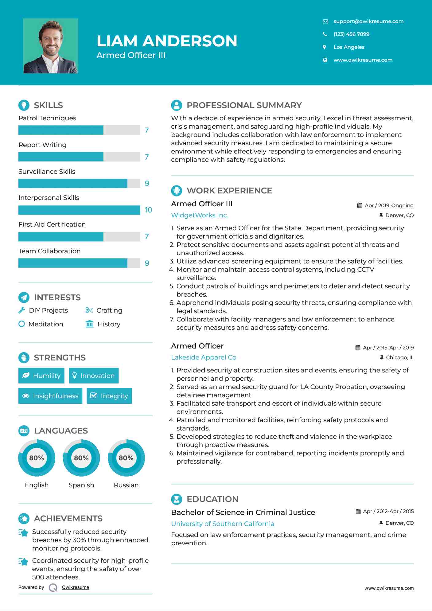 Armed Officer III Resume Example