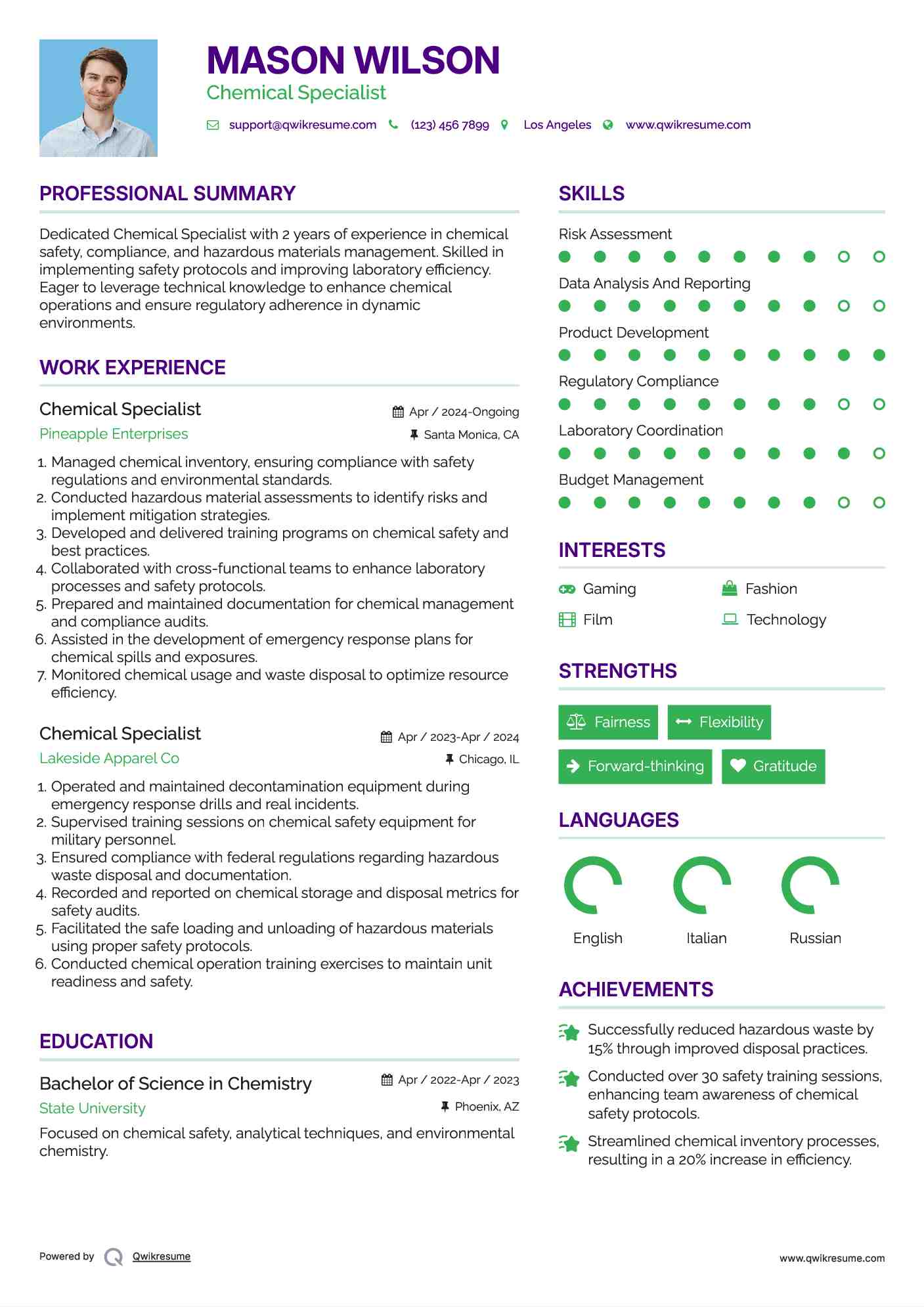 Chemical Specialist Resume Template
