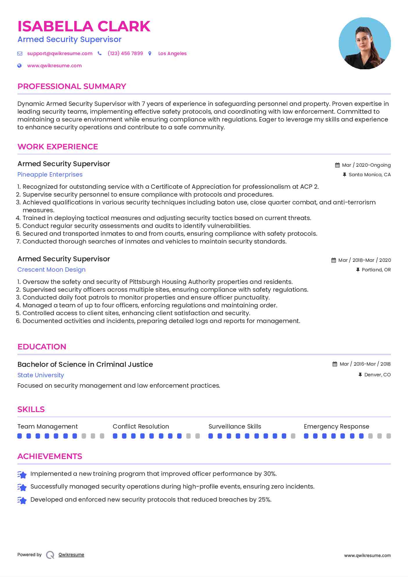 Armed Security Supervisor Resume Sample