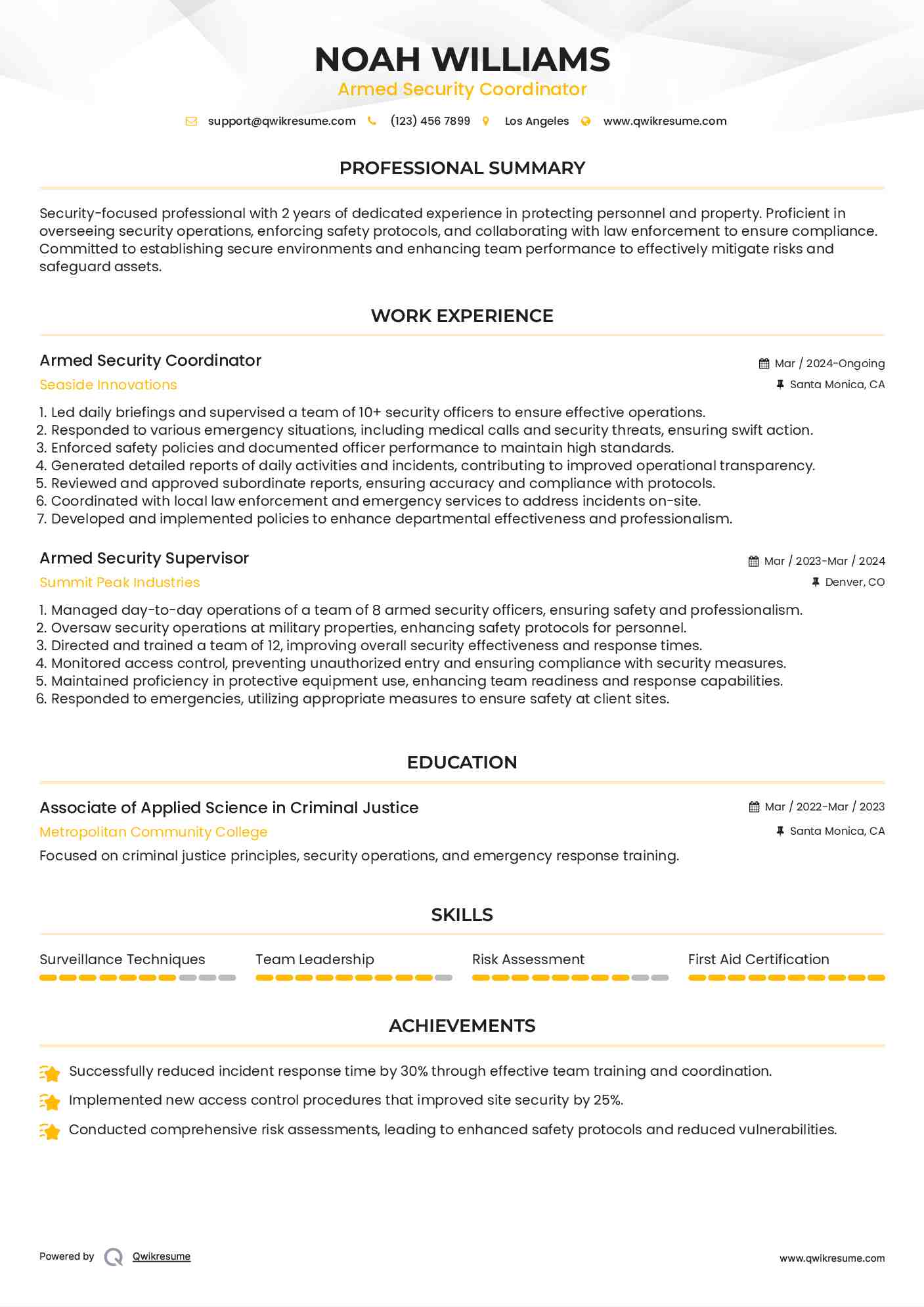 Armed Security Coordinator Resume Template
