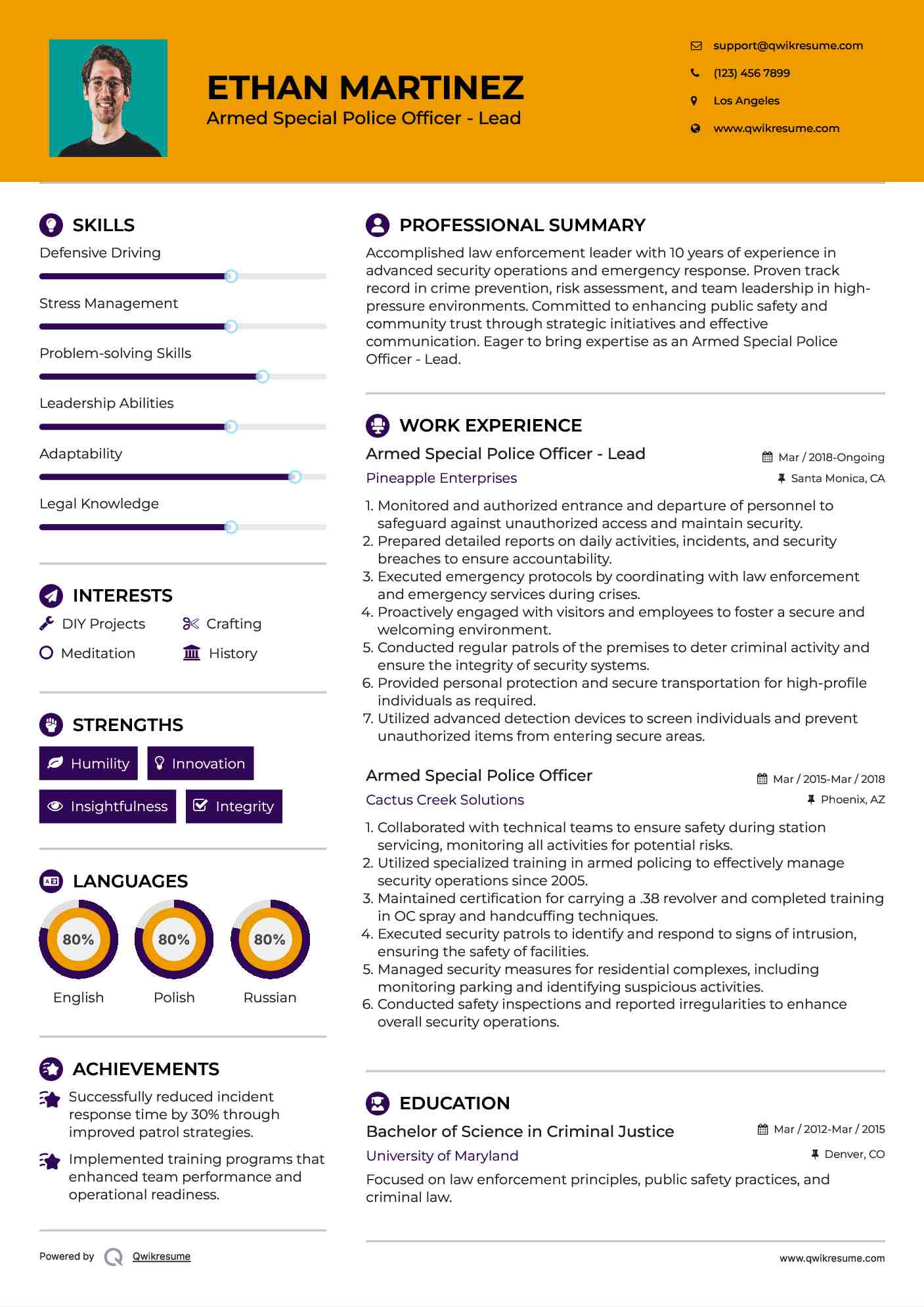 Armed Special Police Officer - Lead Resume Model