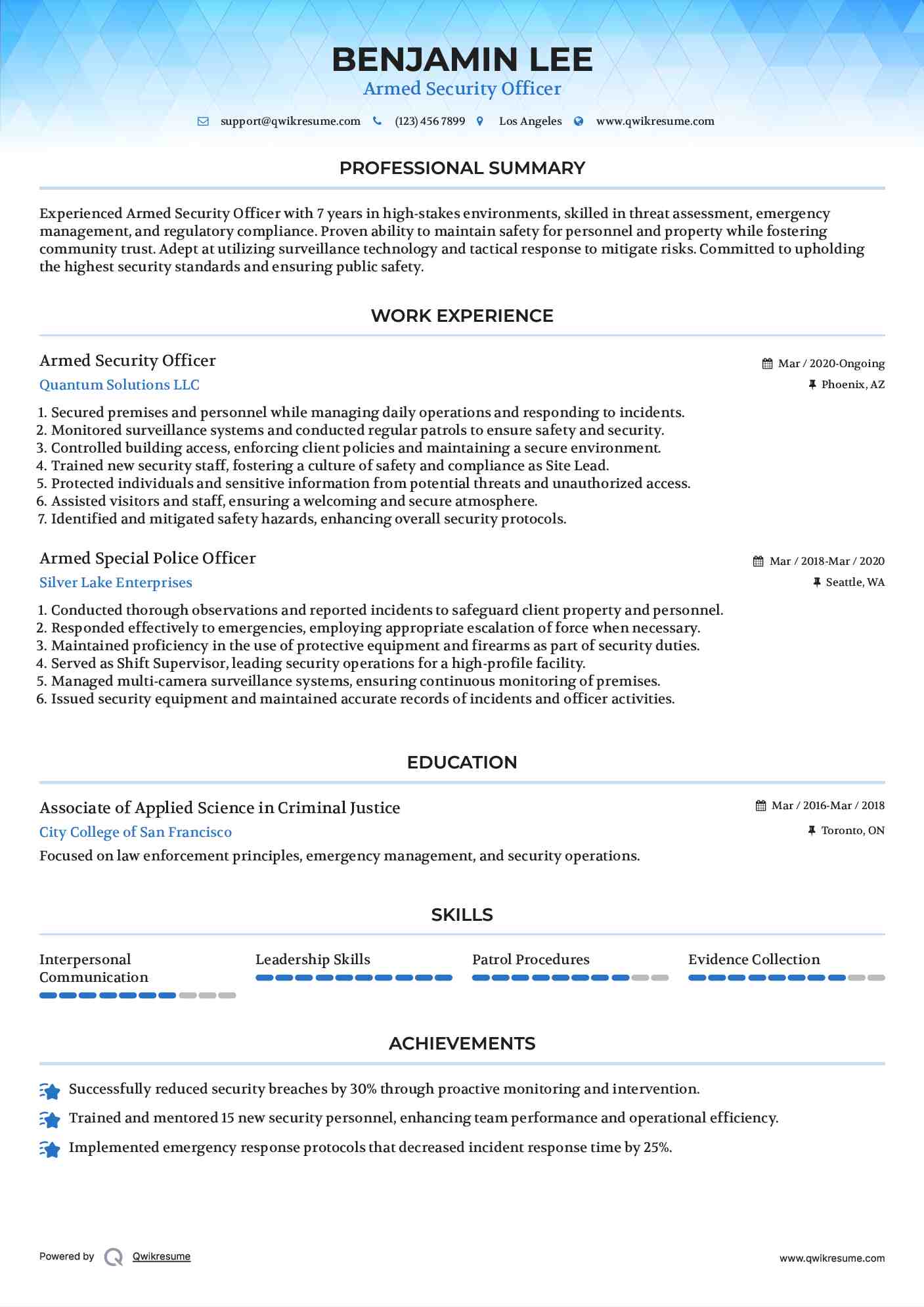Armed Security Officer Resume Example