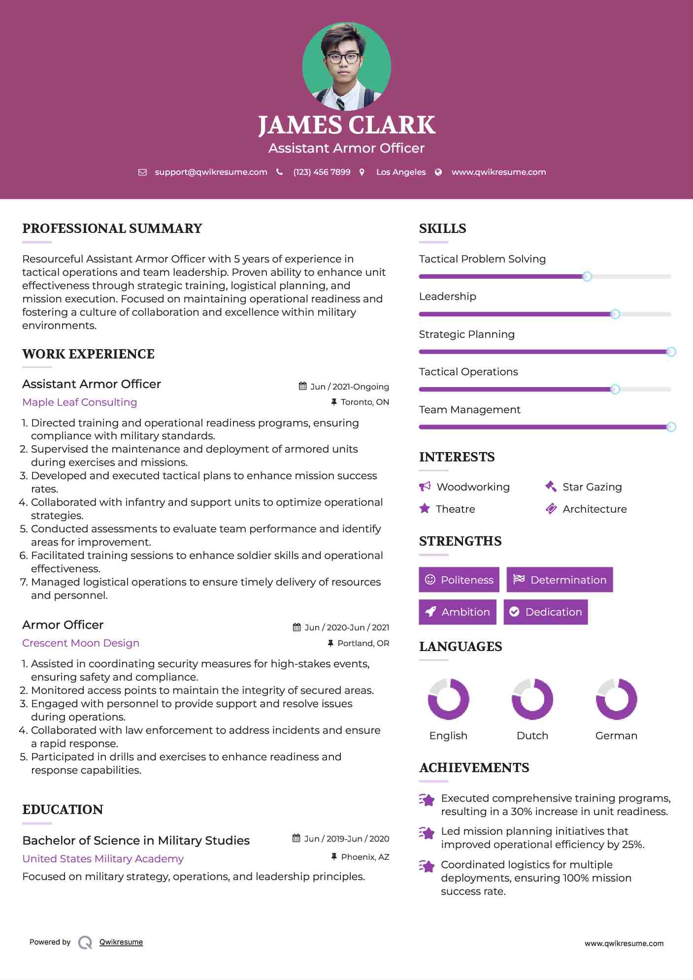 Assistant Armor Officer Resume Sample