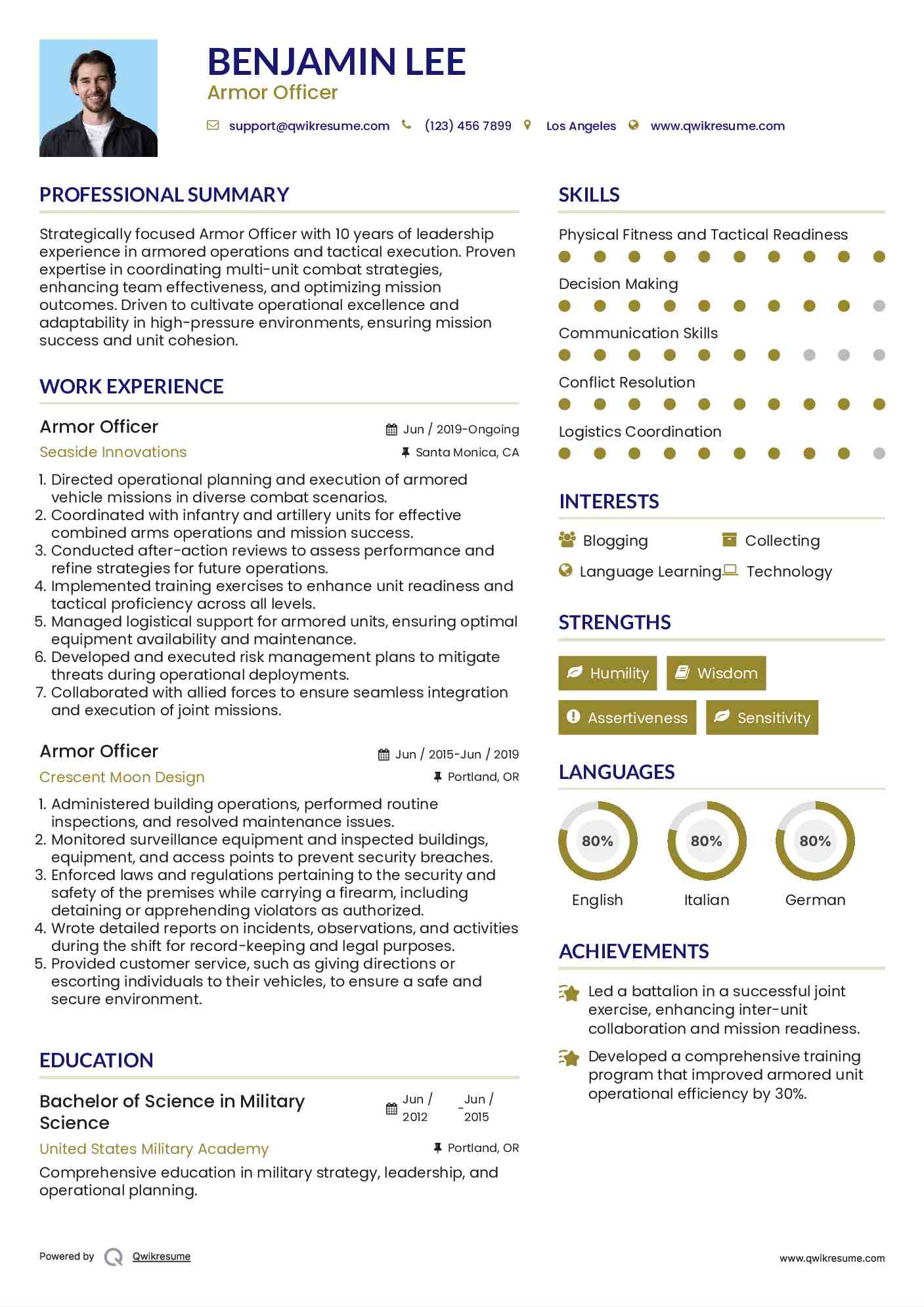 Armor Officer Resume Format