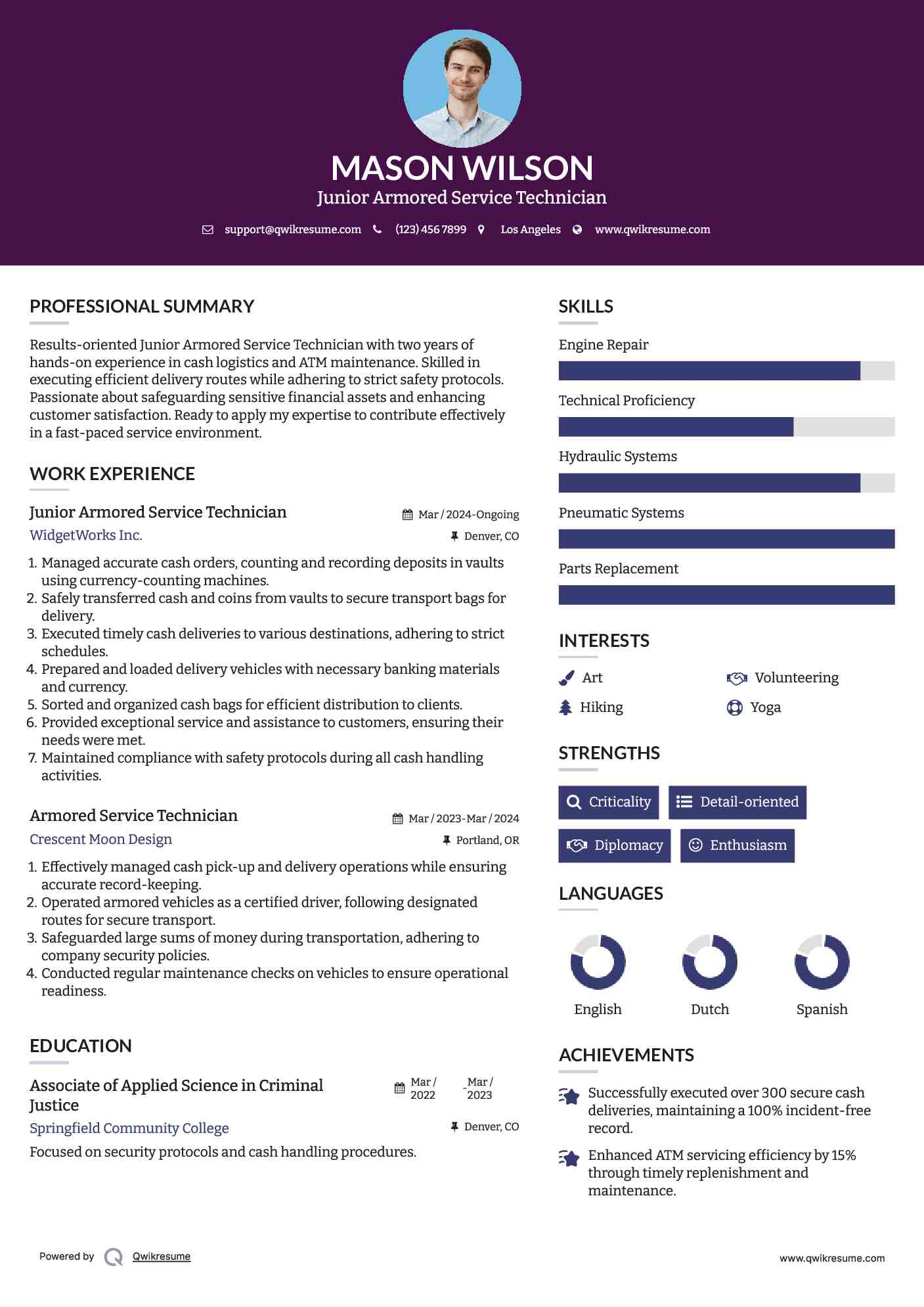 Junior Armored Service Technician Resume Sample