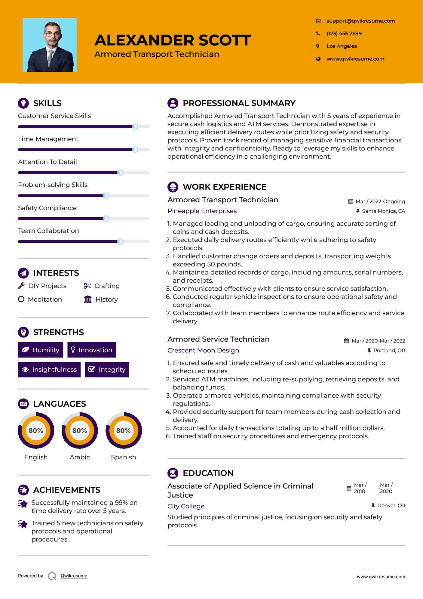Armored Transport Technician Resume Example