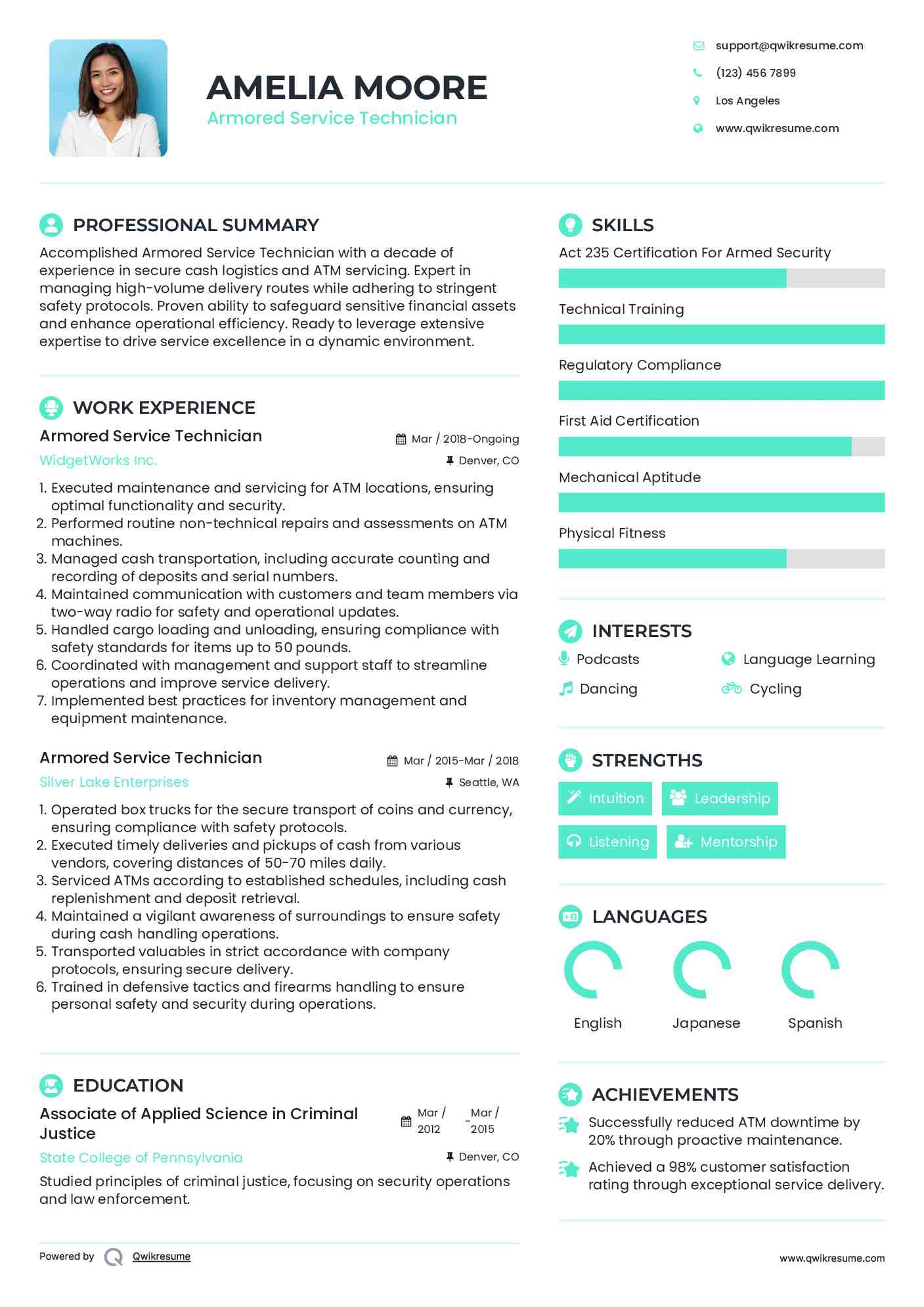 Armored Service Technician Resume Example