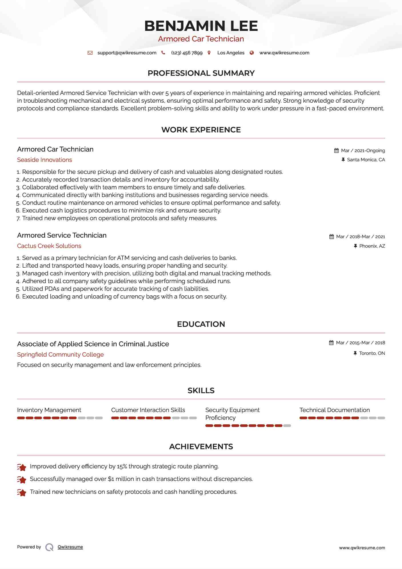 Armored Car Technician Resume Example