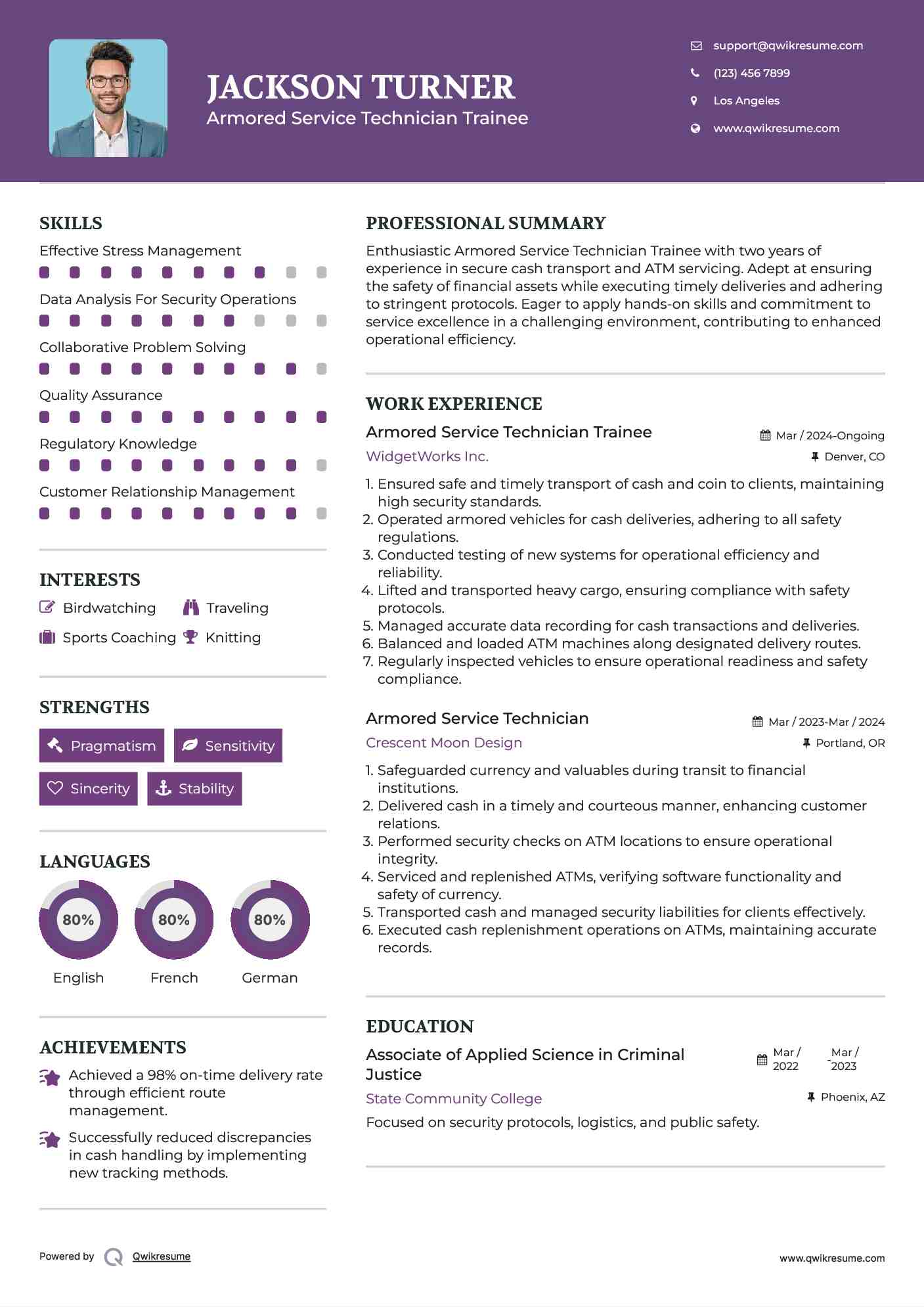 Armored Service Technician Trainee Resume Sample