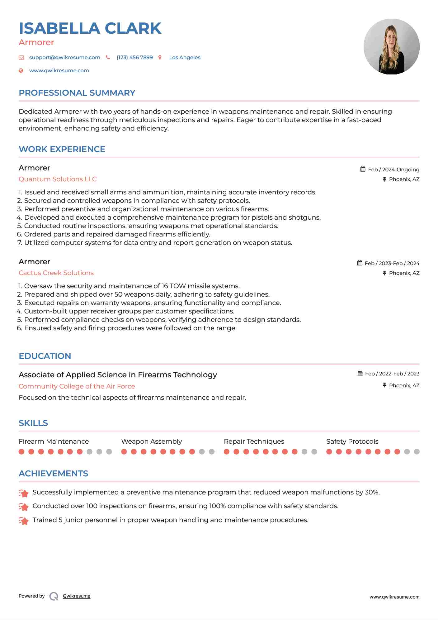 Armorer Resume Sample
