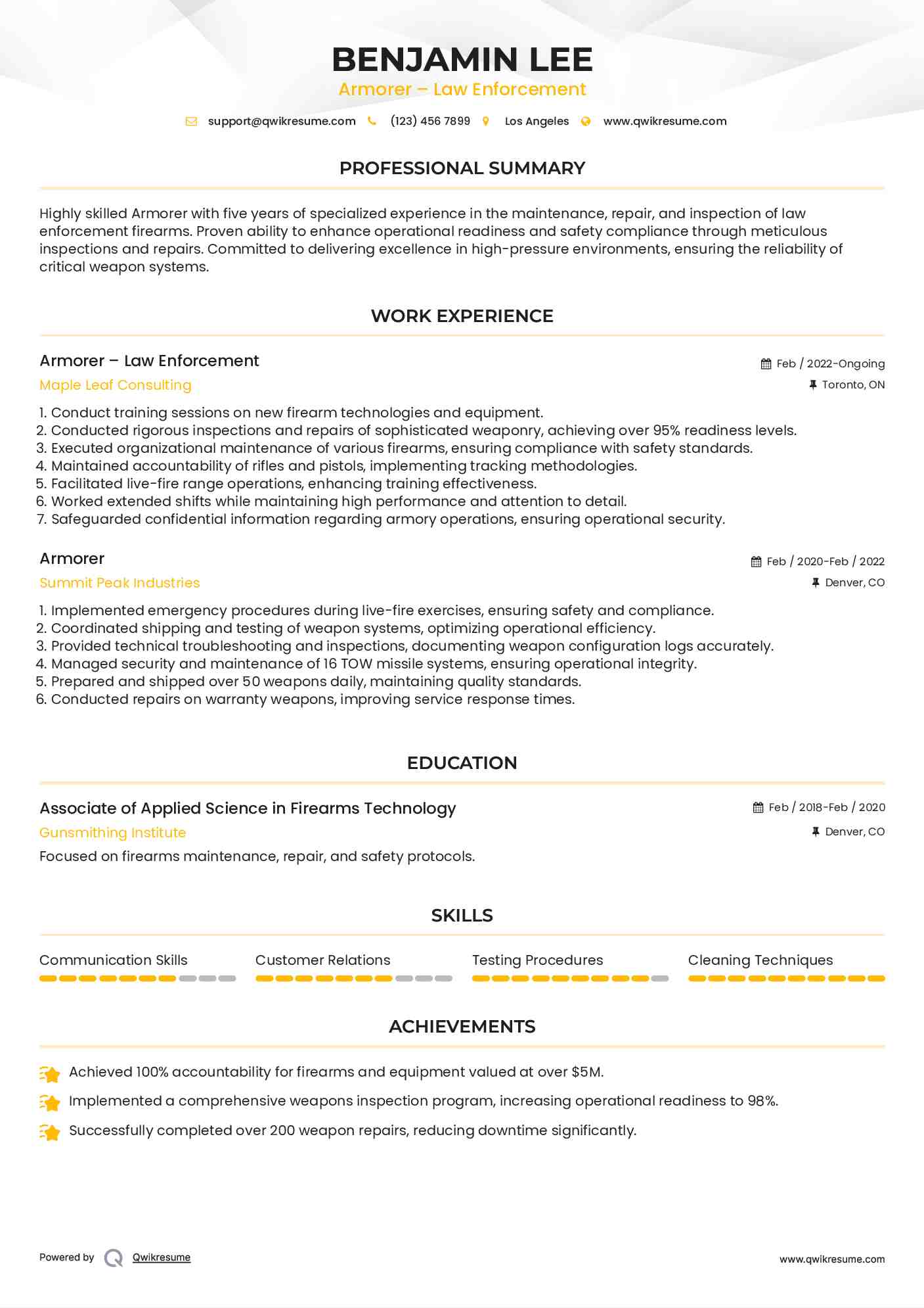 Armorer – Law Enforcement Resume Template