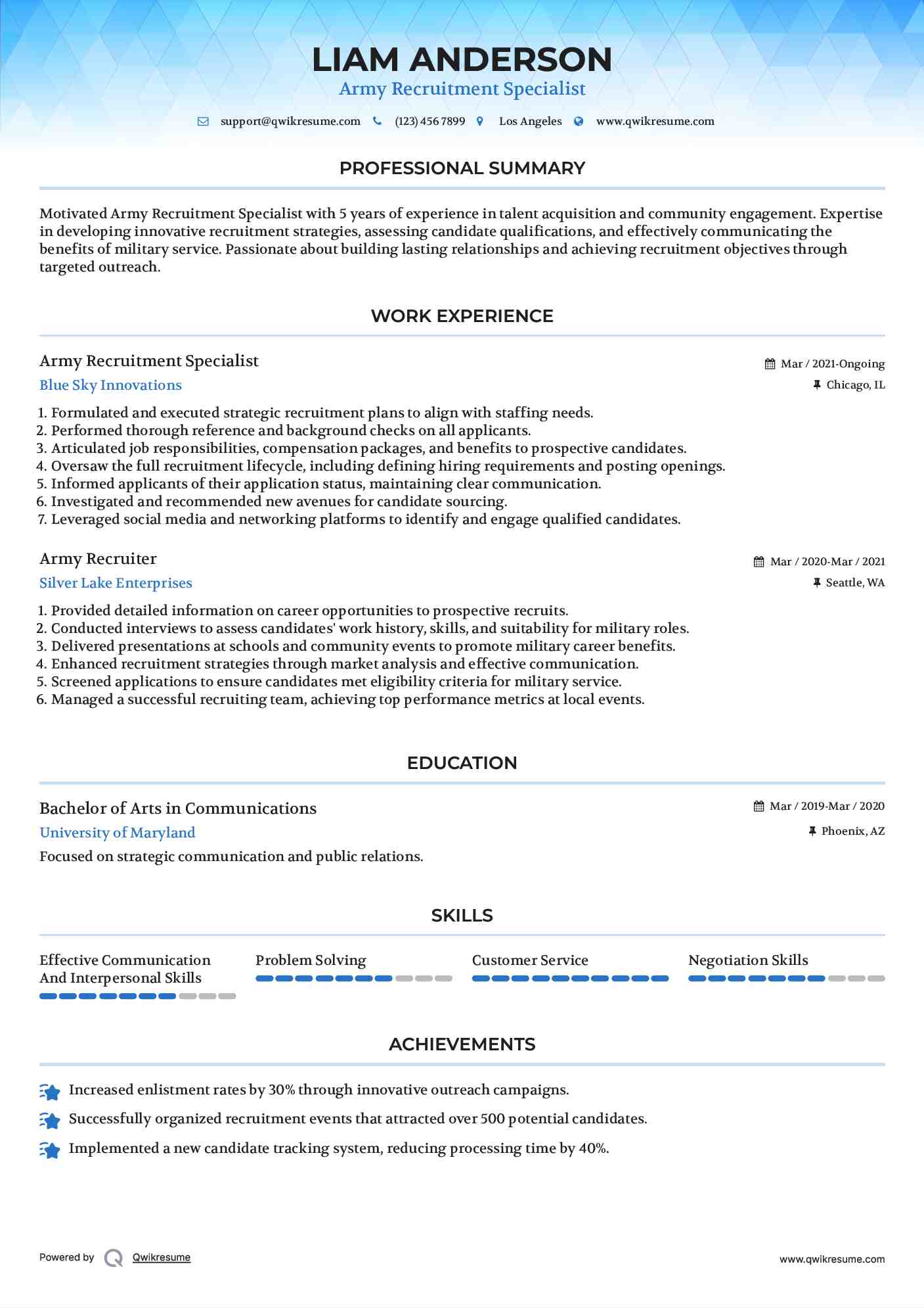 Army Recruitment Specialist Resume Template