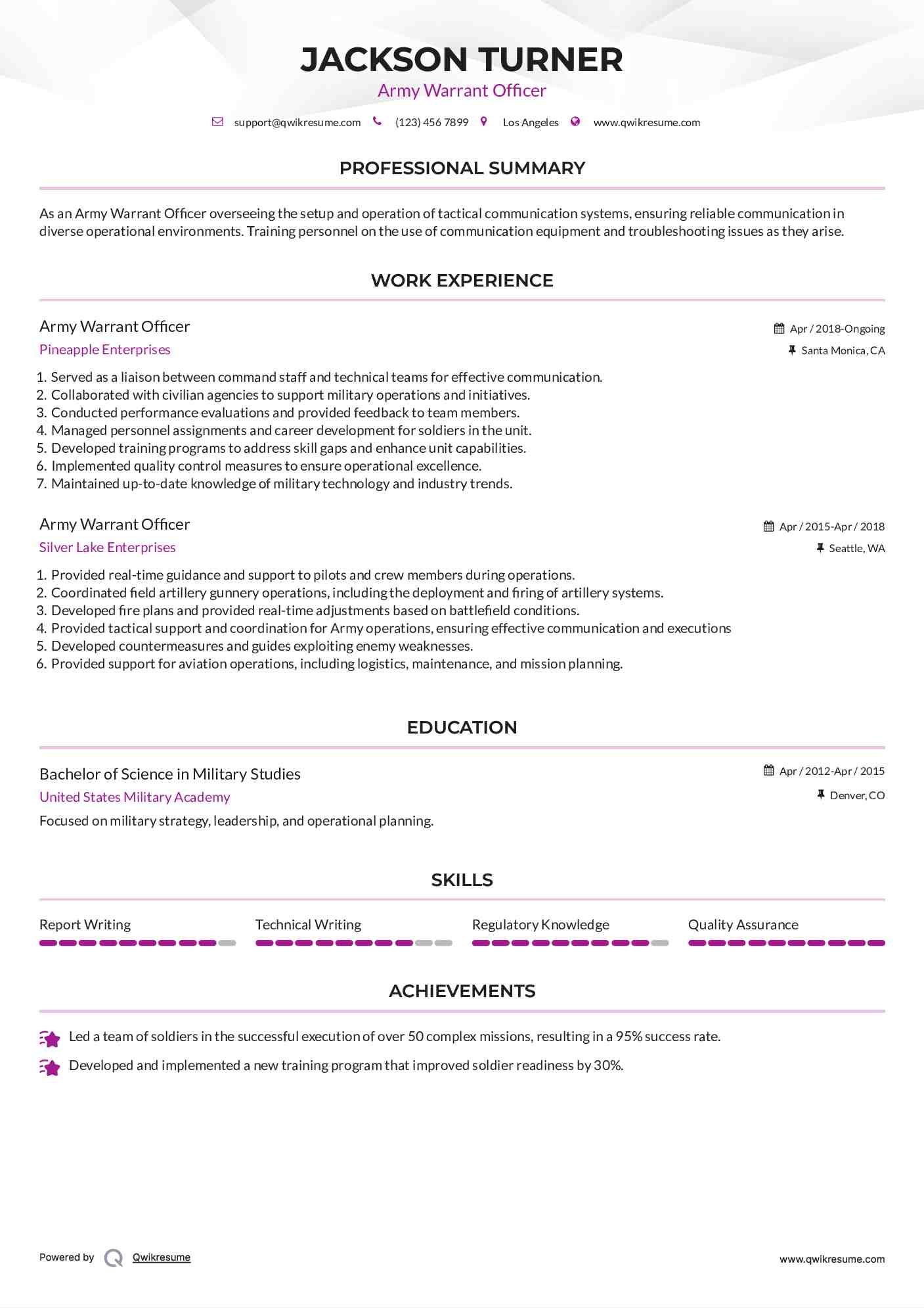 Army Warrant Officer Resume Model
