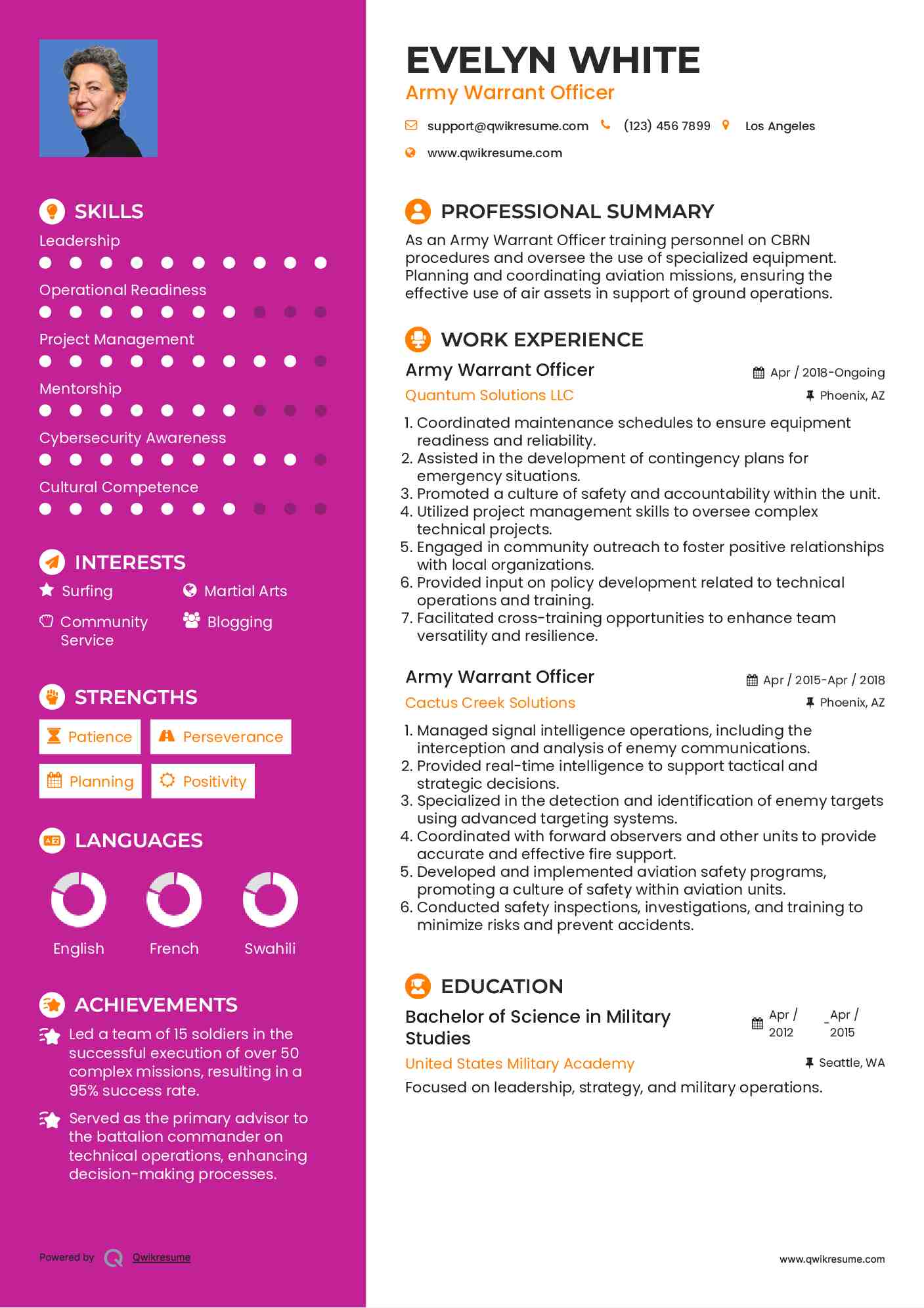 Army Warrant Officer Resume Format