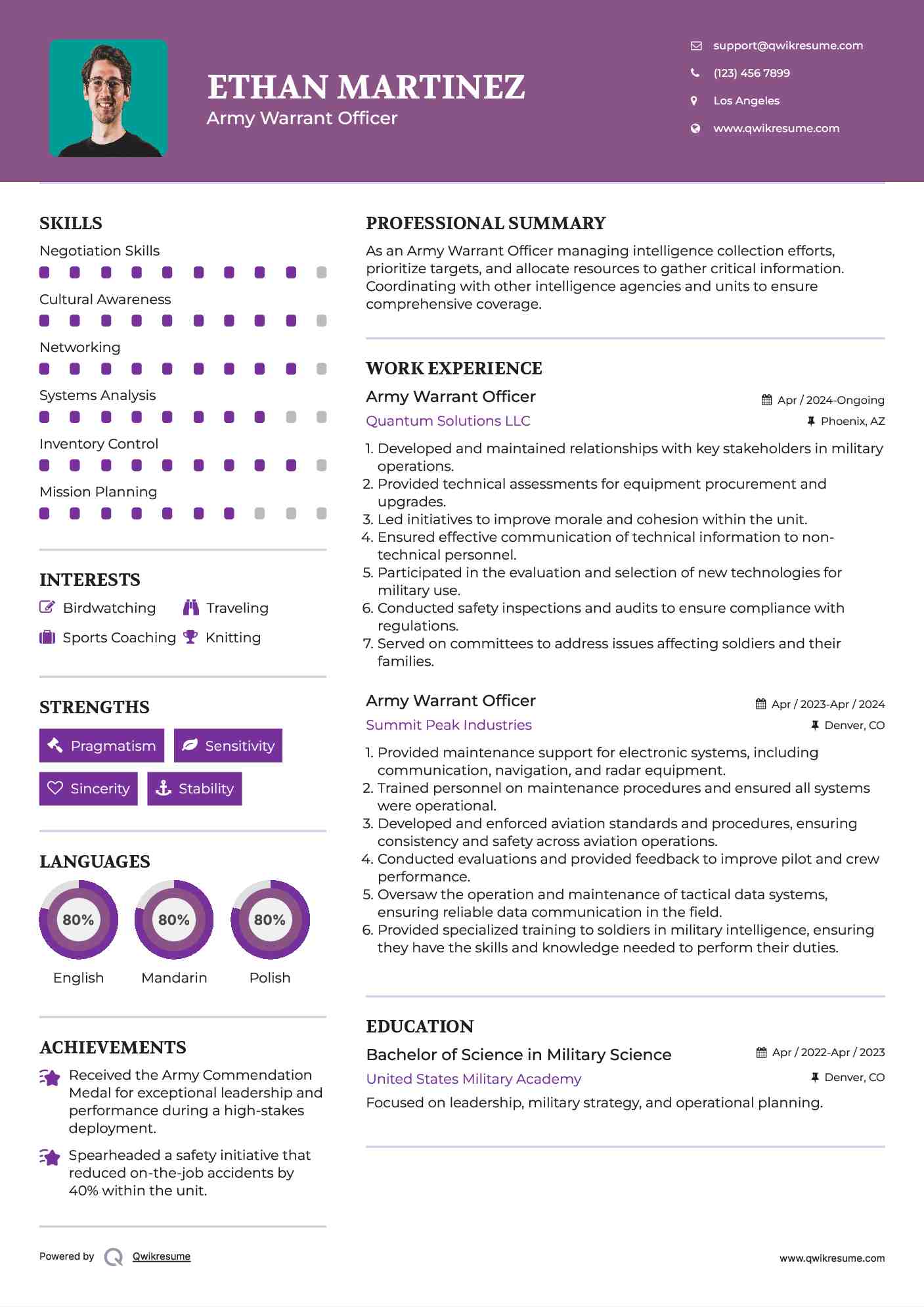 Army Warrant Officer Resume Template