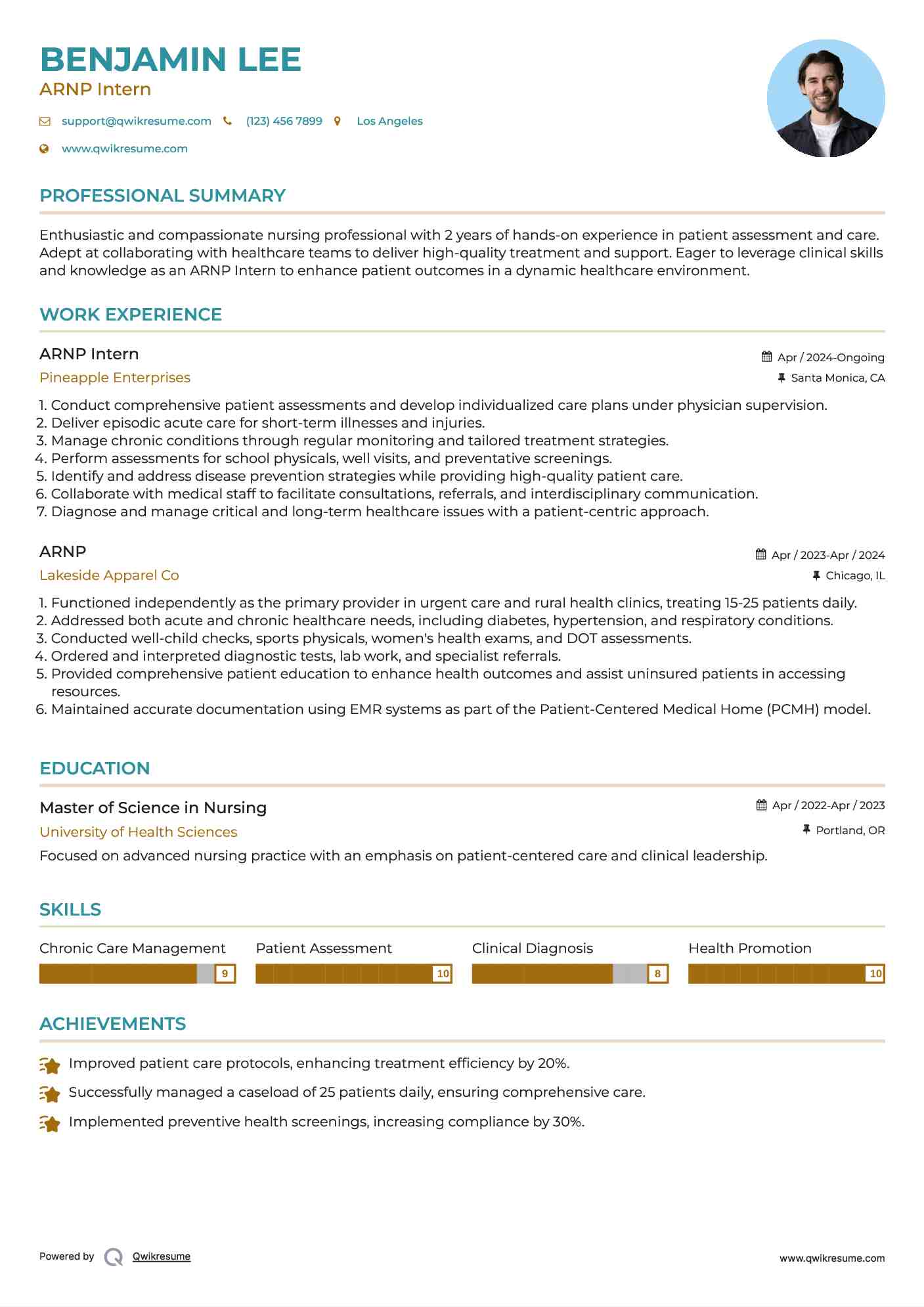 ARNP Intern Resume Example