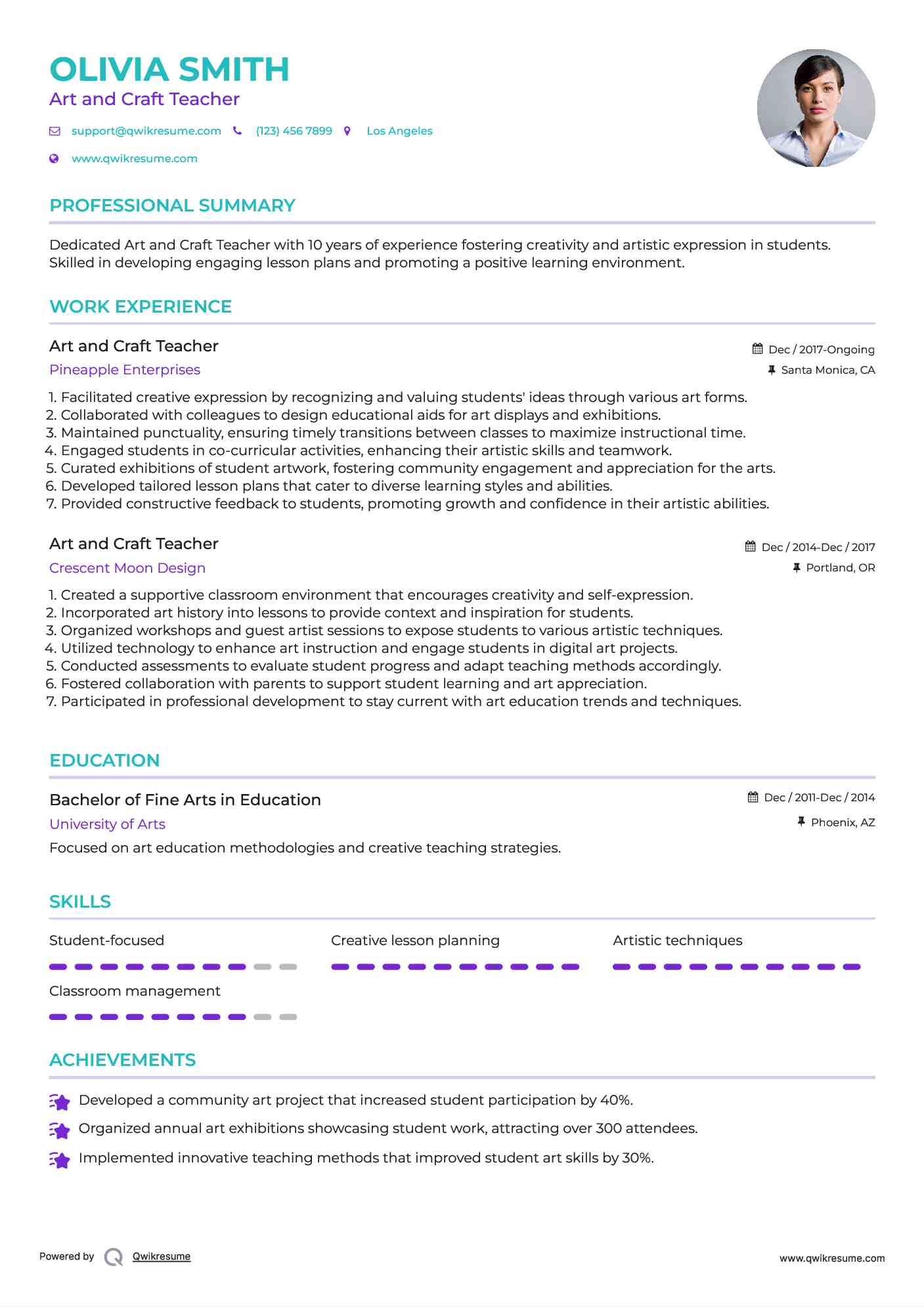 Art and Craft Teacher Resume Template
