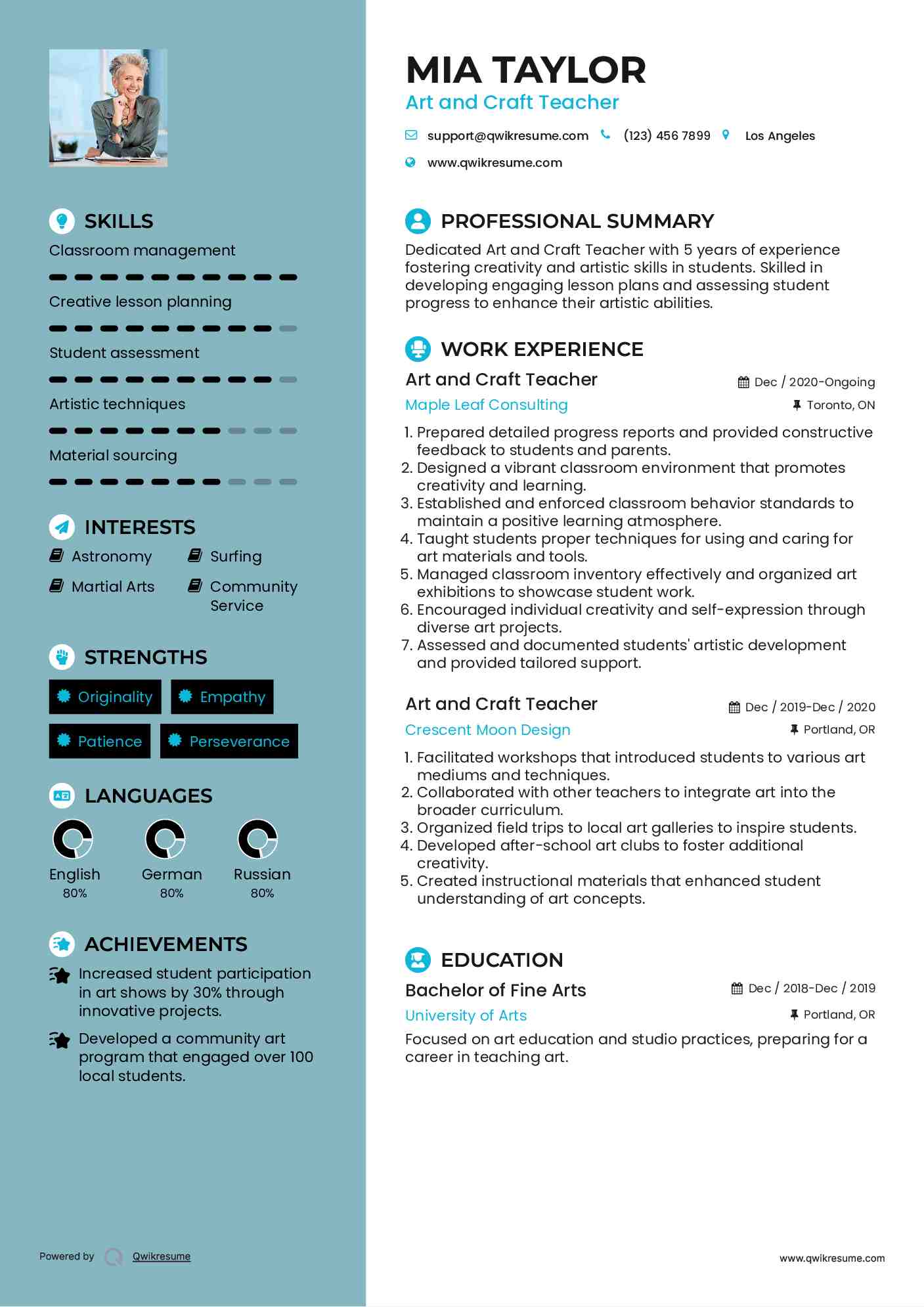 Art and Craft Teacher Resume Sample