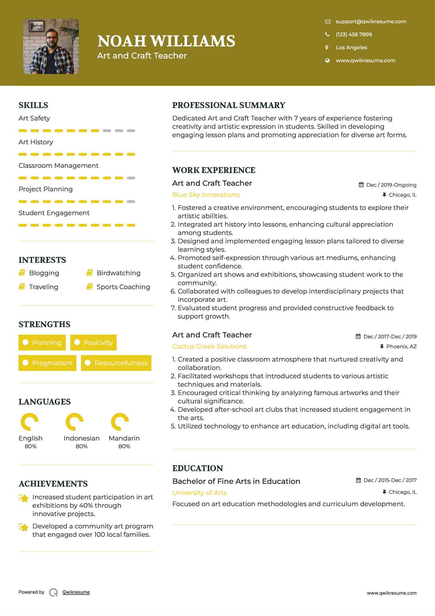 Art and Craft Teacher Resume Format
