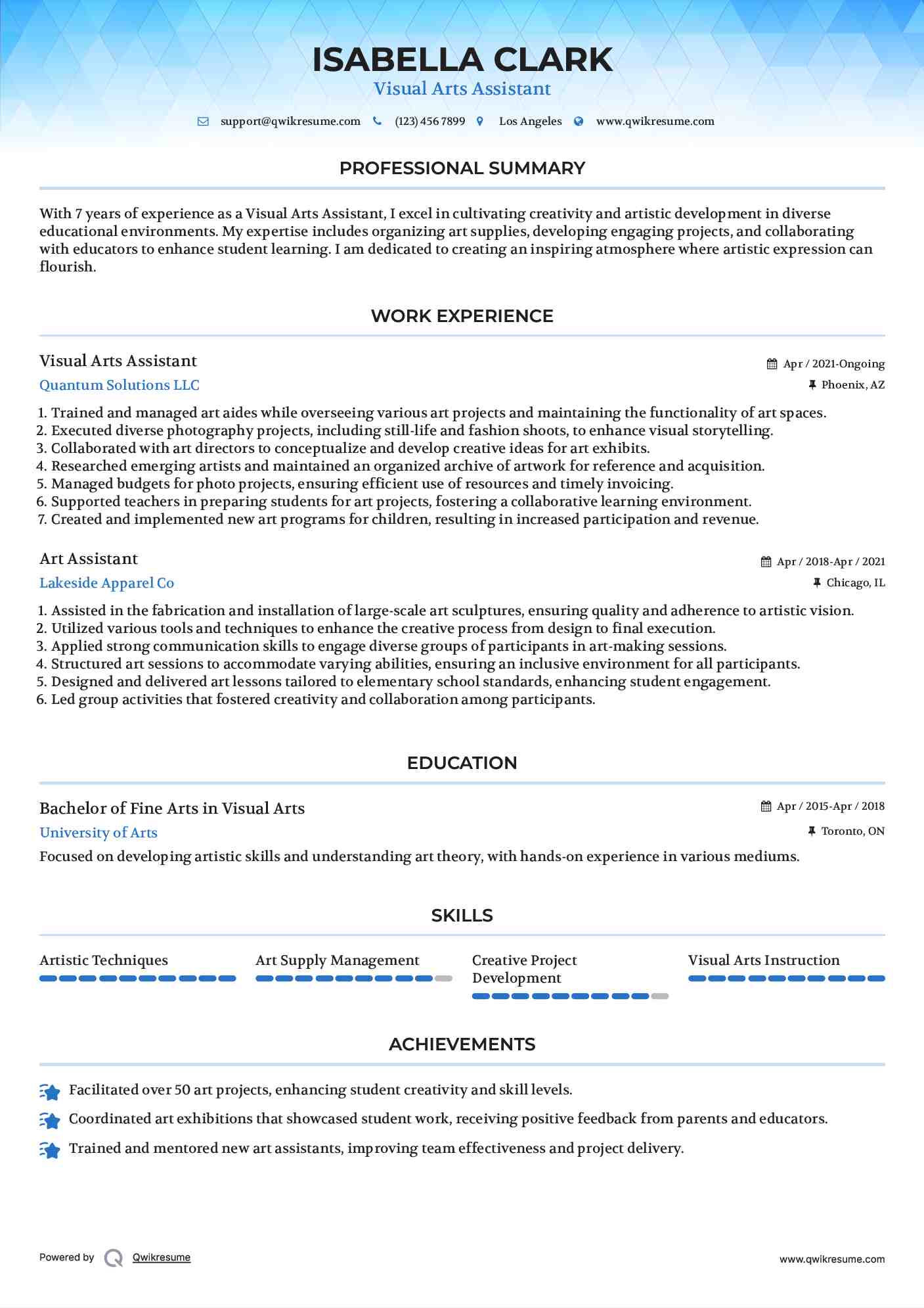 Visual Arts Assistant Resume Example