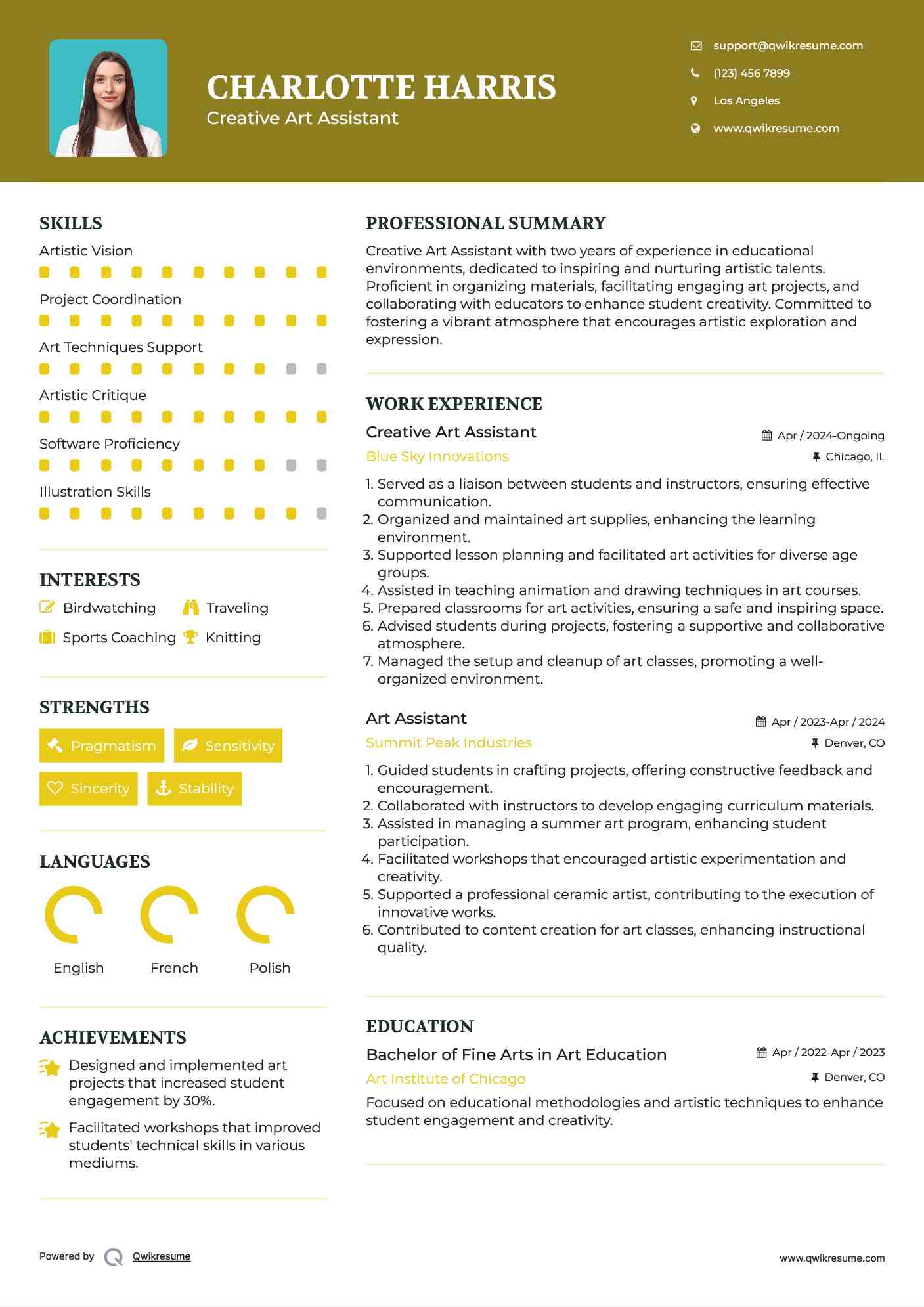 Creative Art Assistant Resume Template