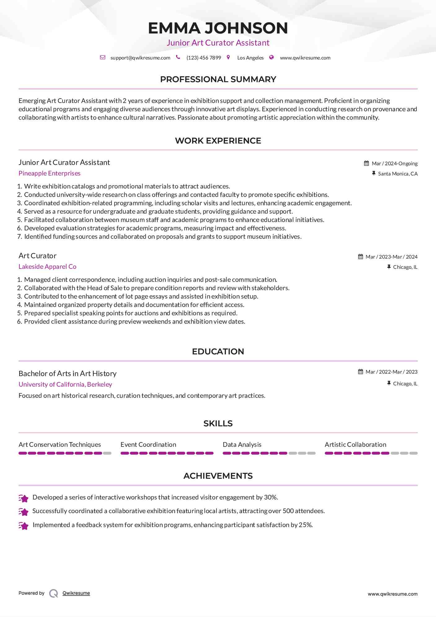 Junior Art Curator Assistant Resume Model
