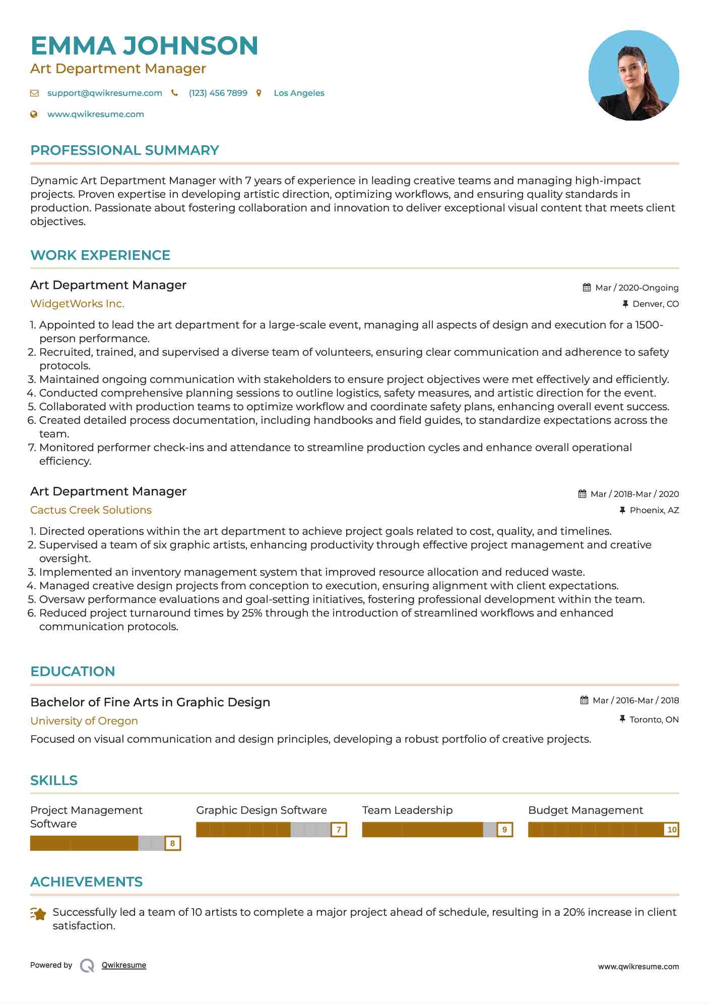 Art Department Manager Resume Template