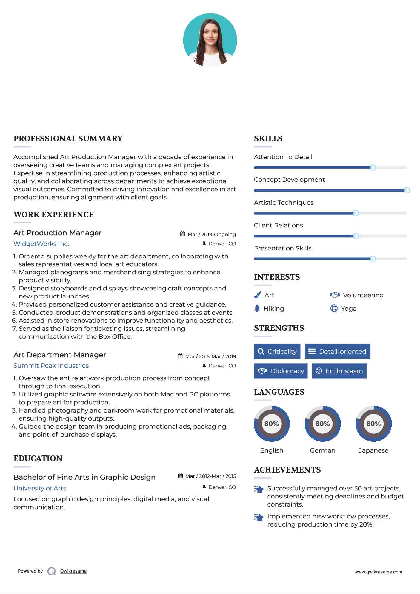 Art Production Manager Resume Model