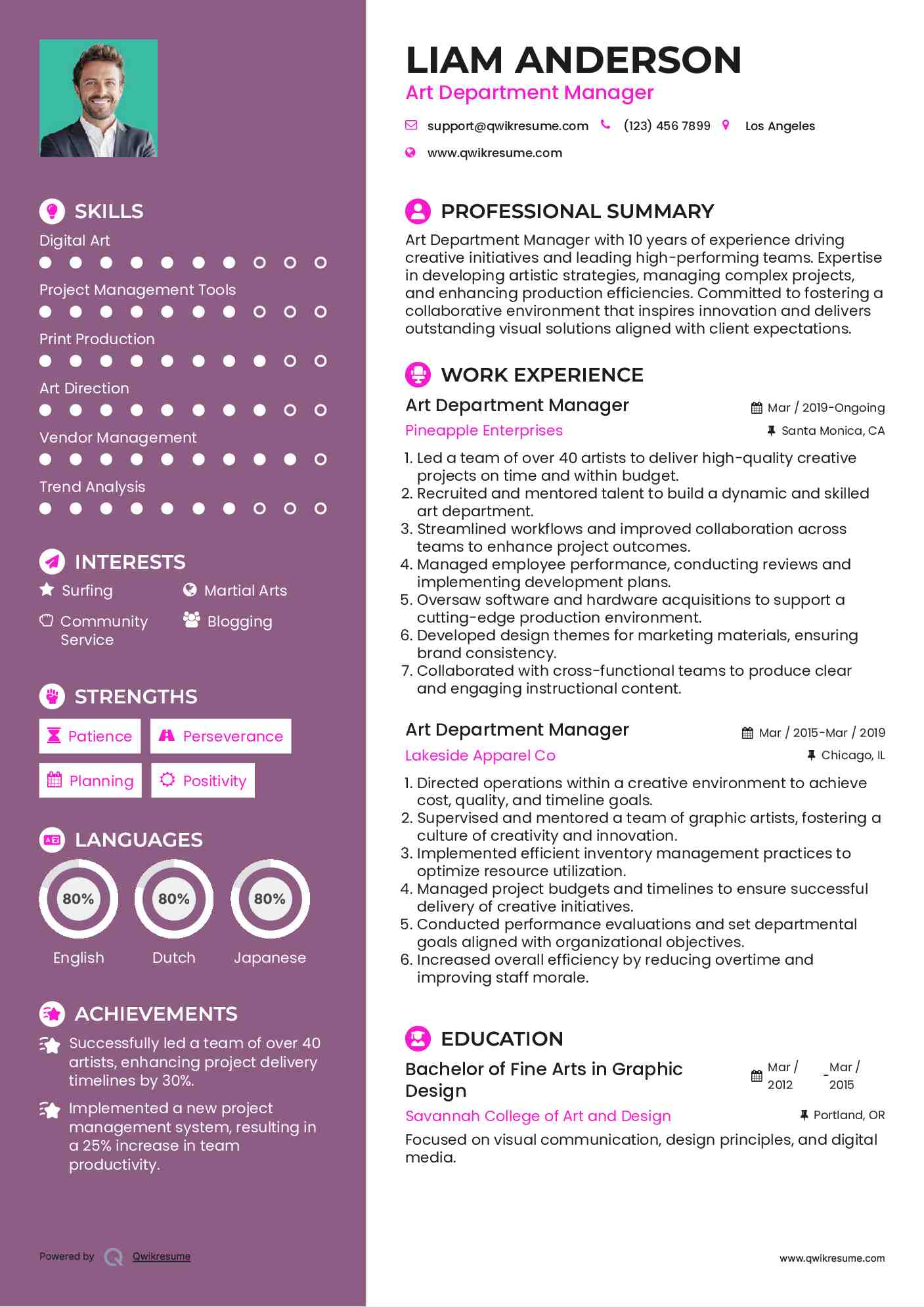 Art Department Manager Resume Sample