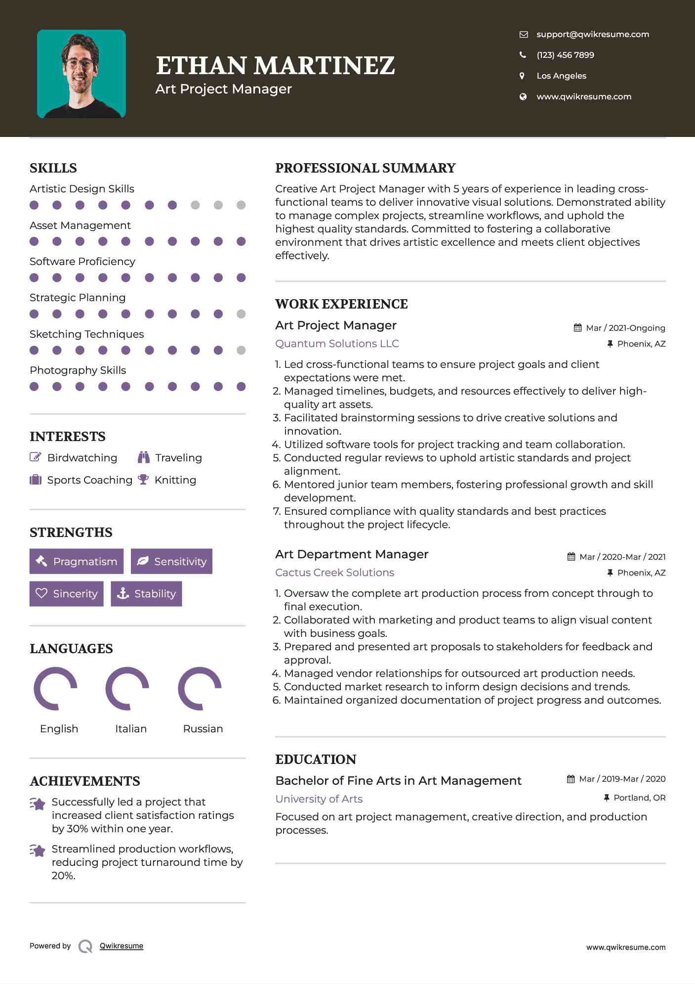 Art Project Manager Resume Model
