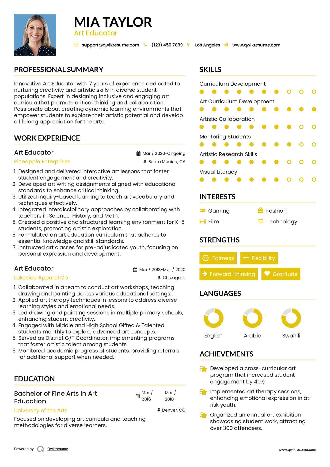 Art Educator Resume Sample