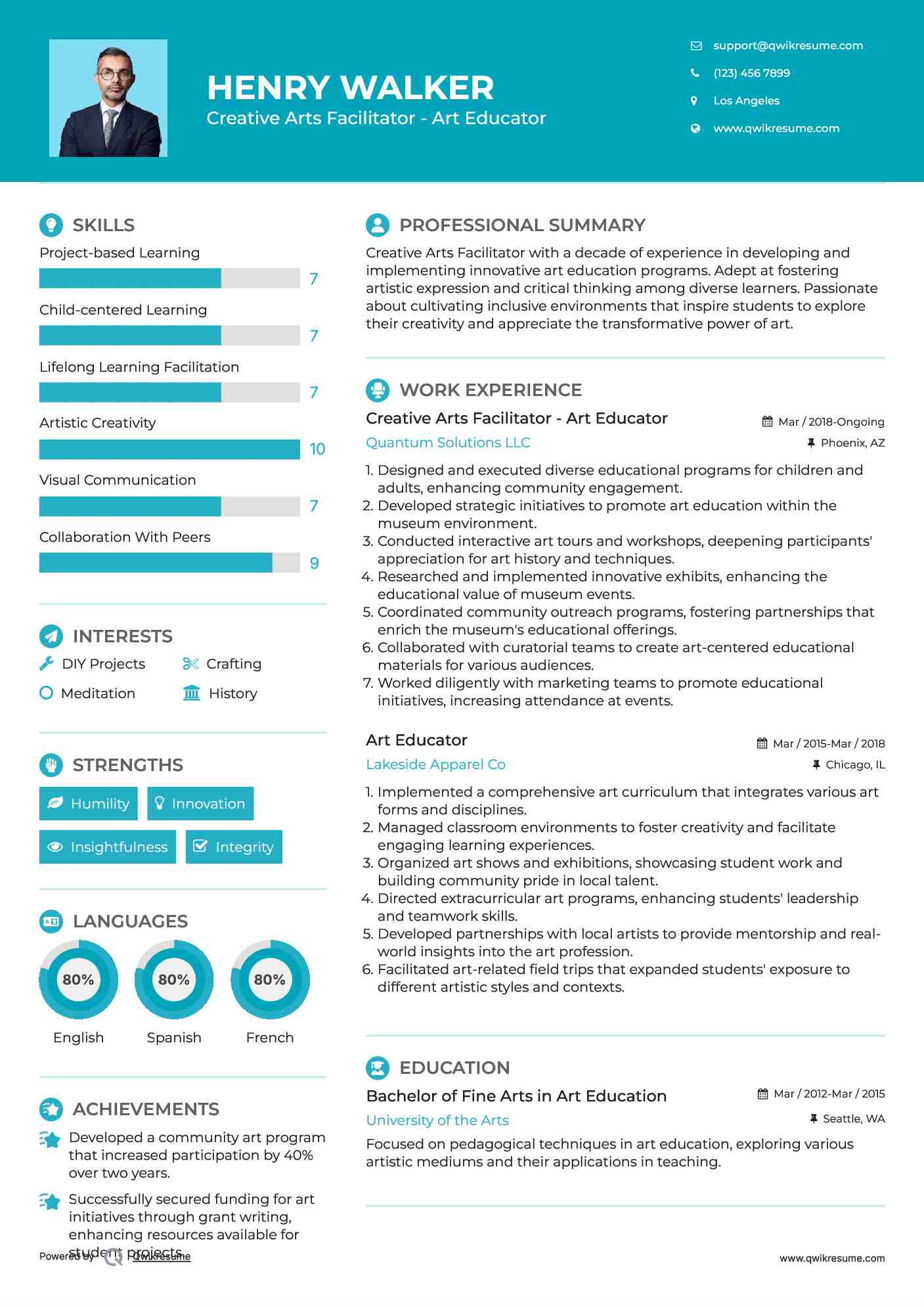 Creative Arts Facilitator - Art Educator Resume Sample