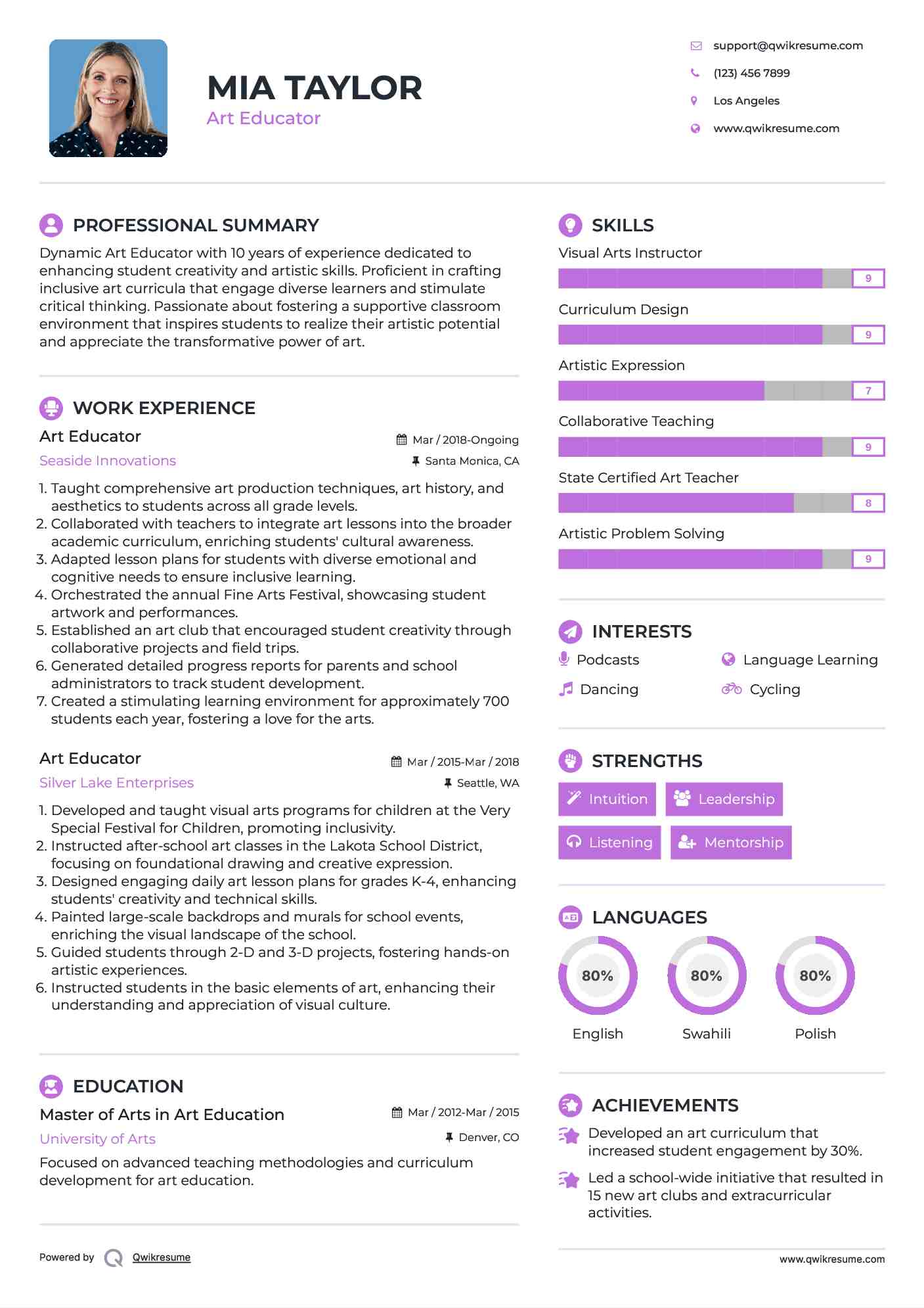 Art Educator Resume Samples | QwikResume