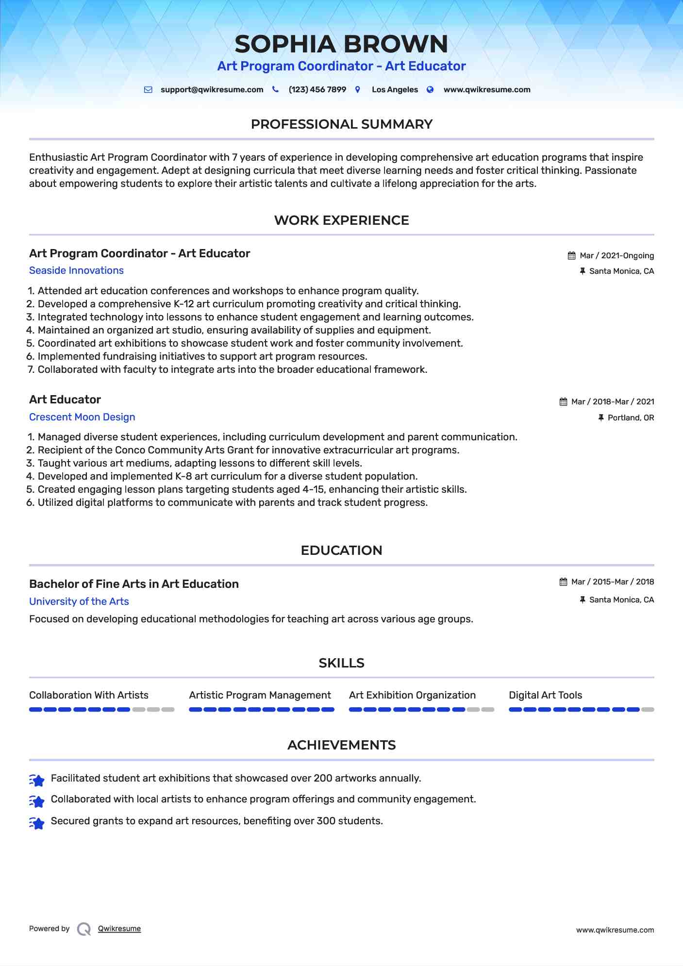 Art Program Coordinator - Art Educator Resume Example