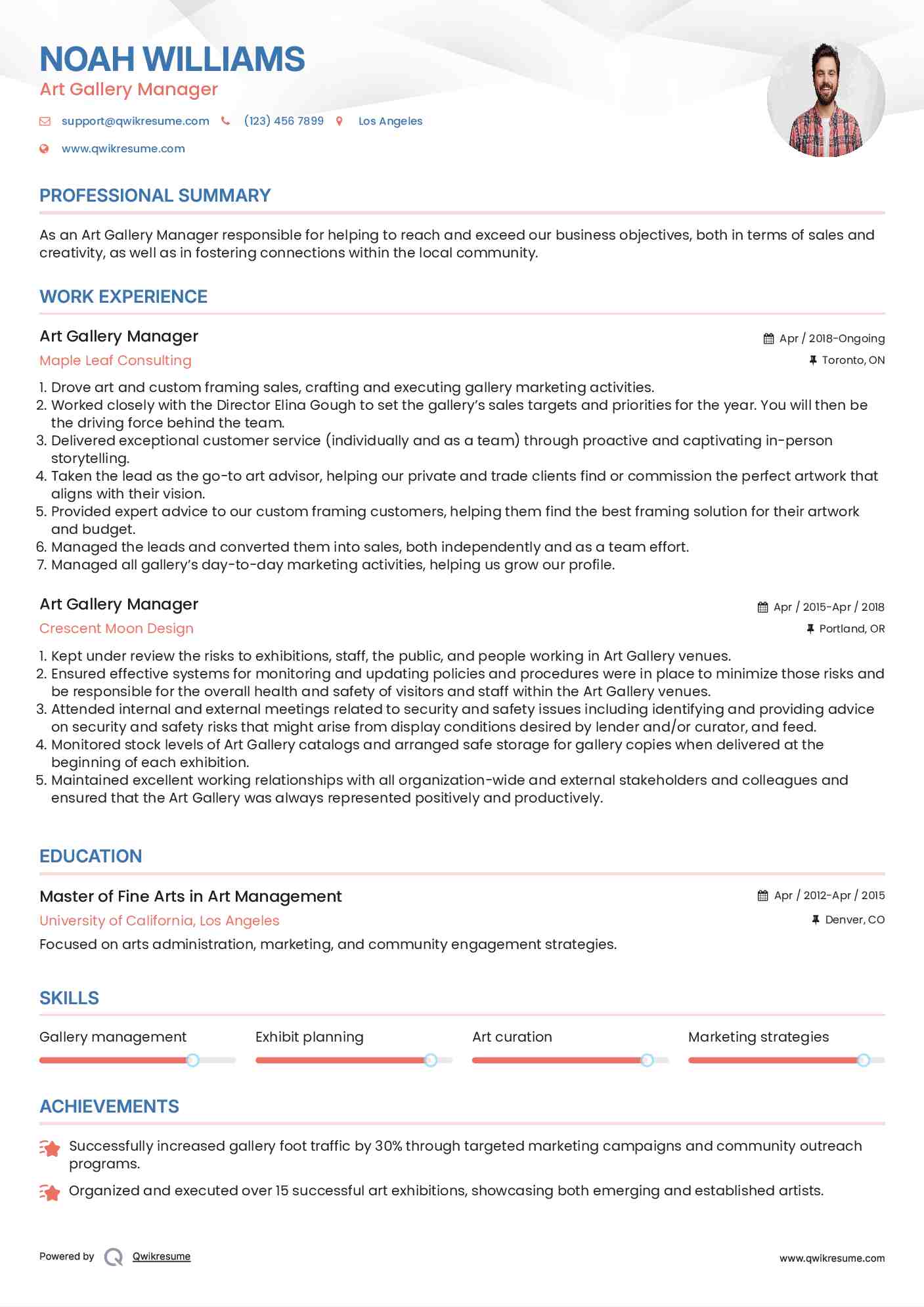  Art Gallery Manager Resume Sample