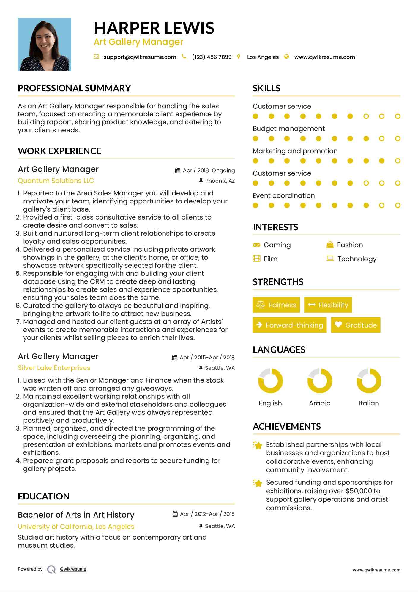  Art Gallery Manager Resume Sample