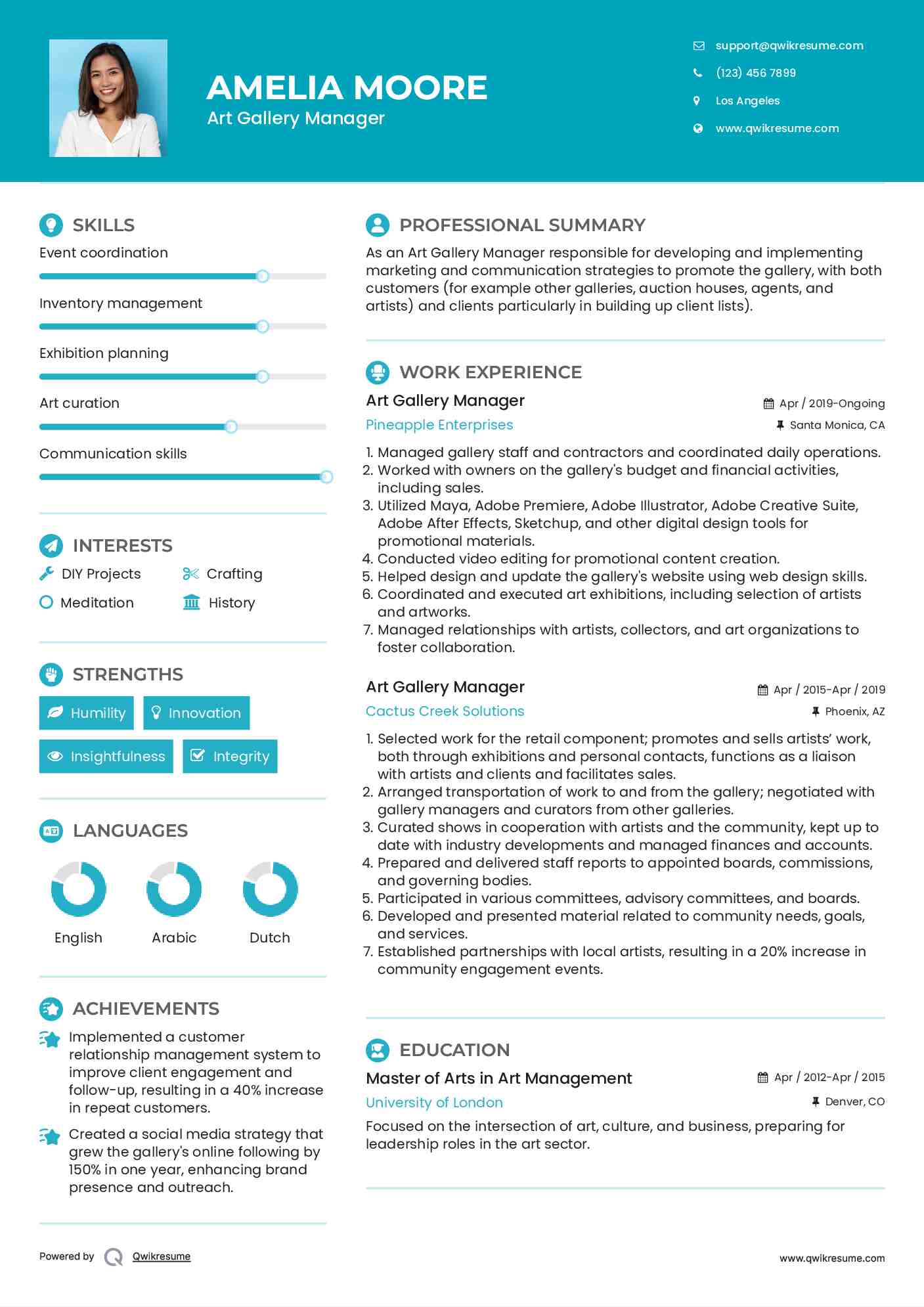 Art Gallery Manager Resume Template