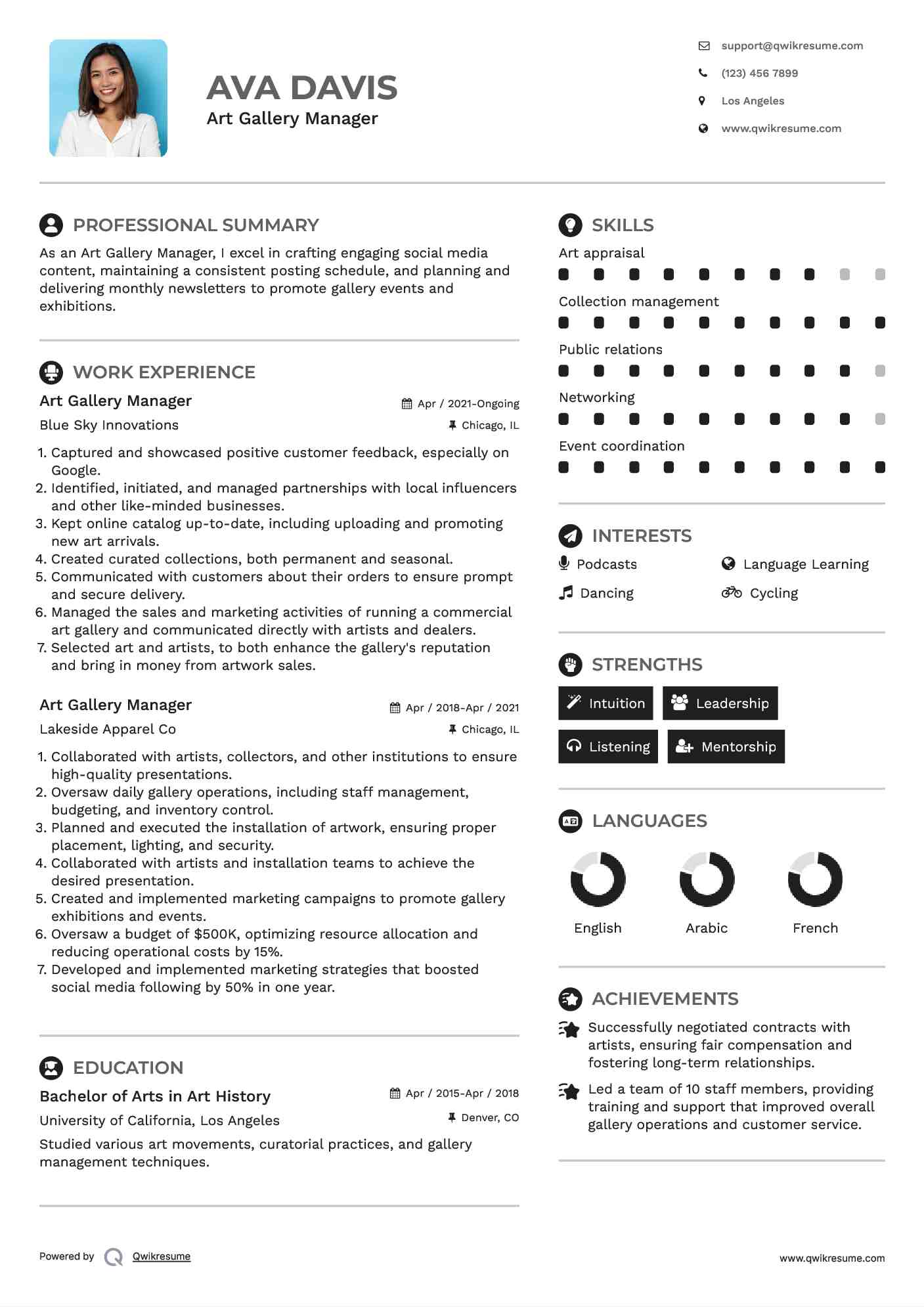 Art Gallery Manager Resume Example