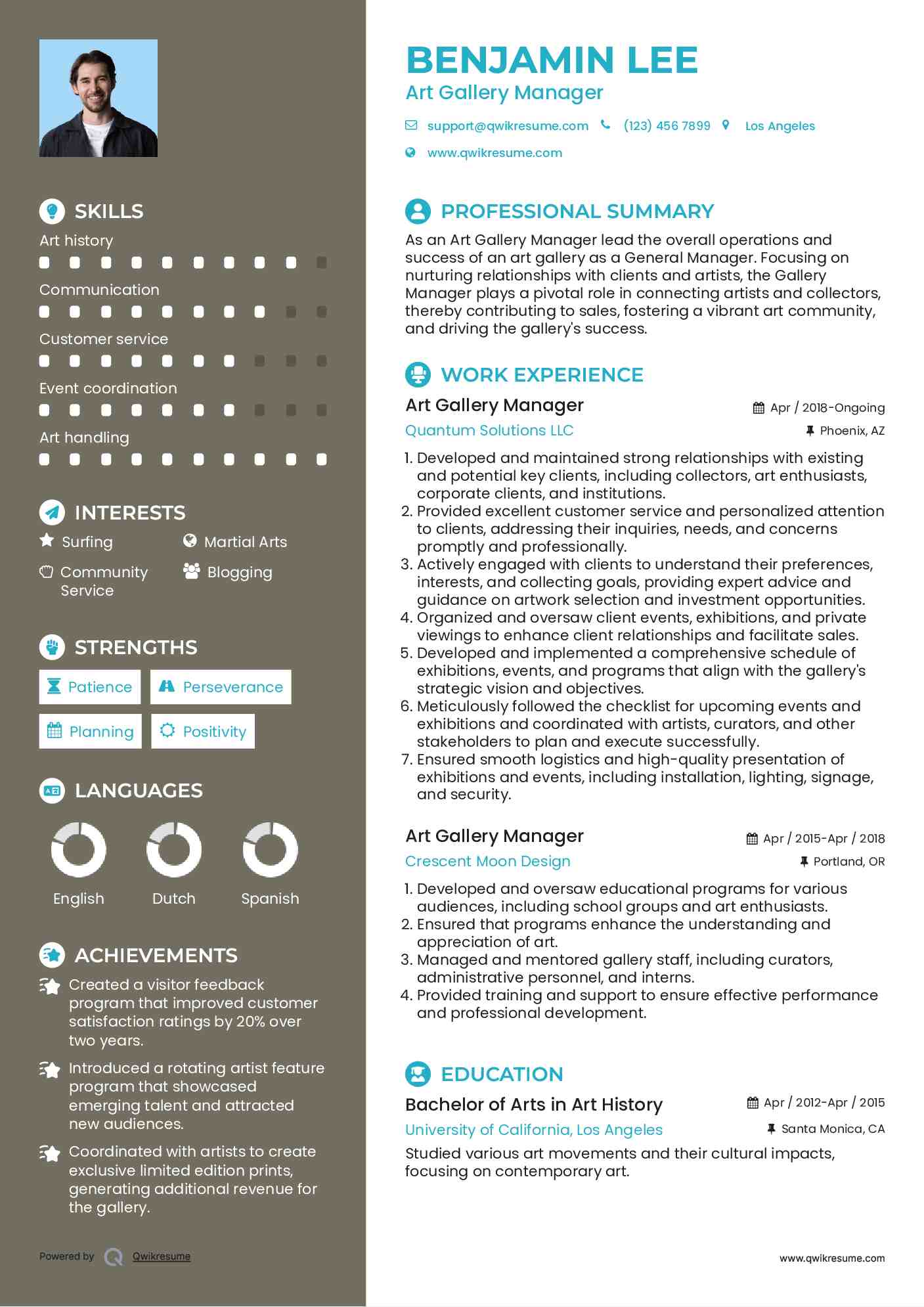 Art Gallery Manager Resume Sample