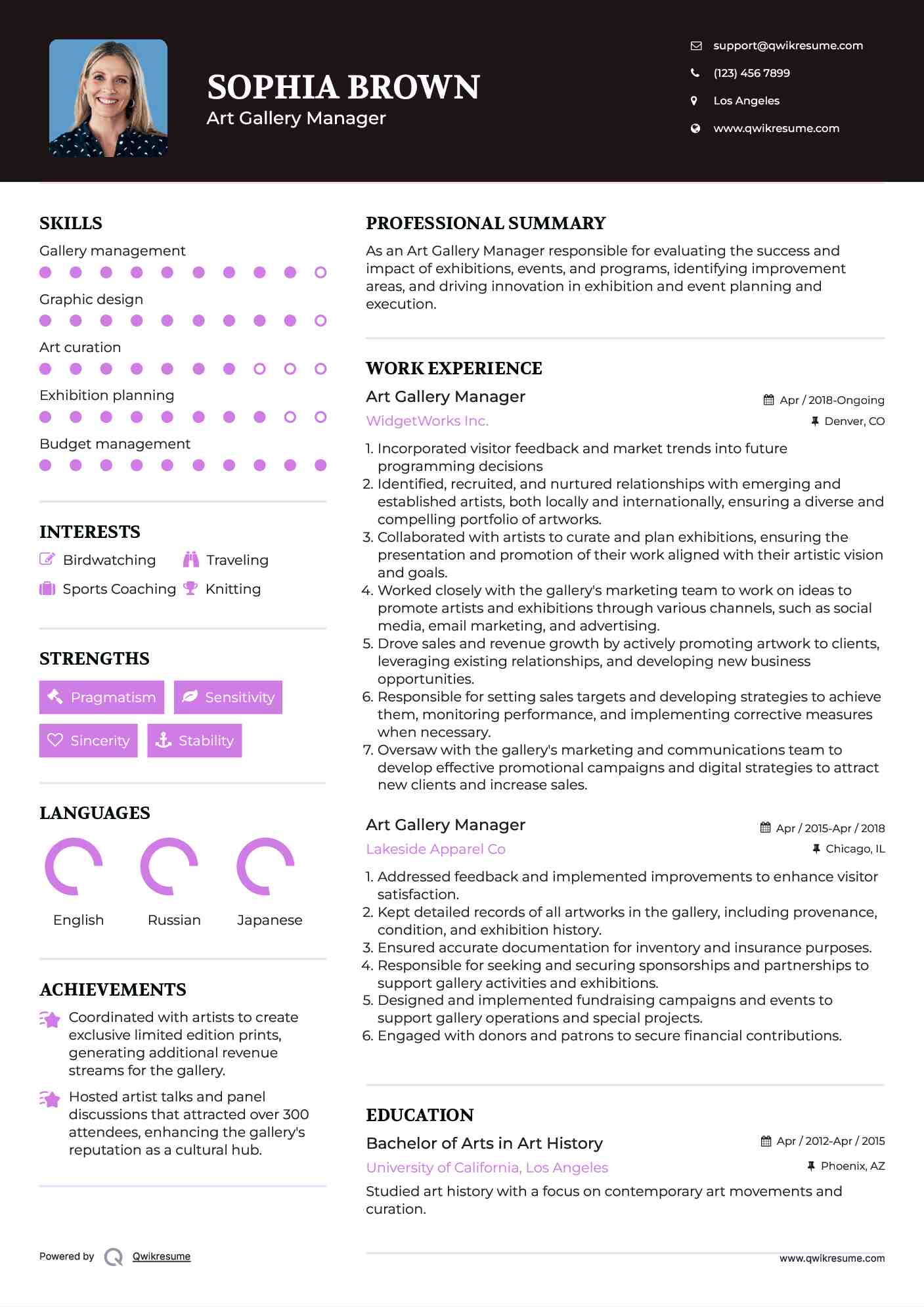 Art Gallery Manager Resume Model