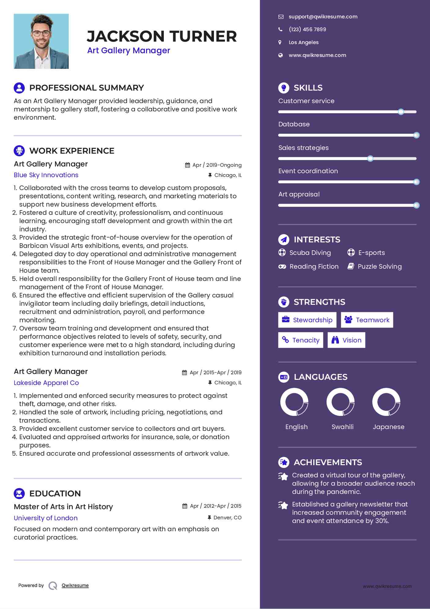 Art Gallery Manager Resume Format