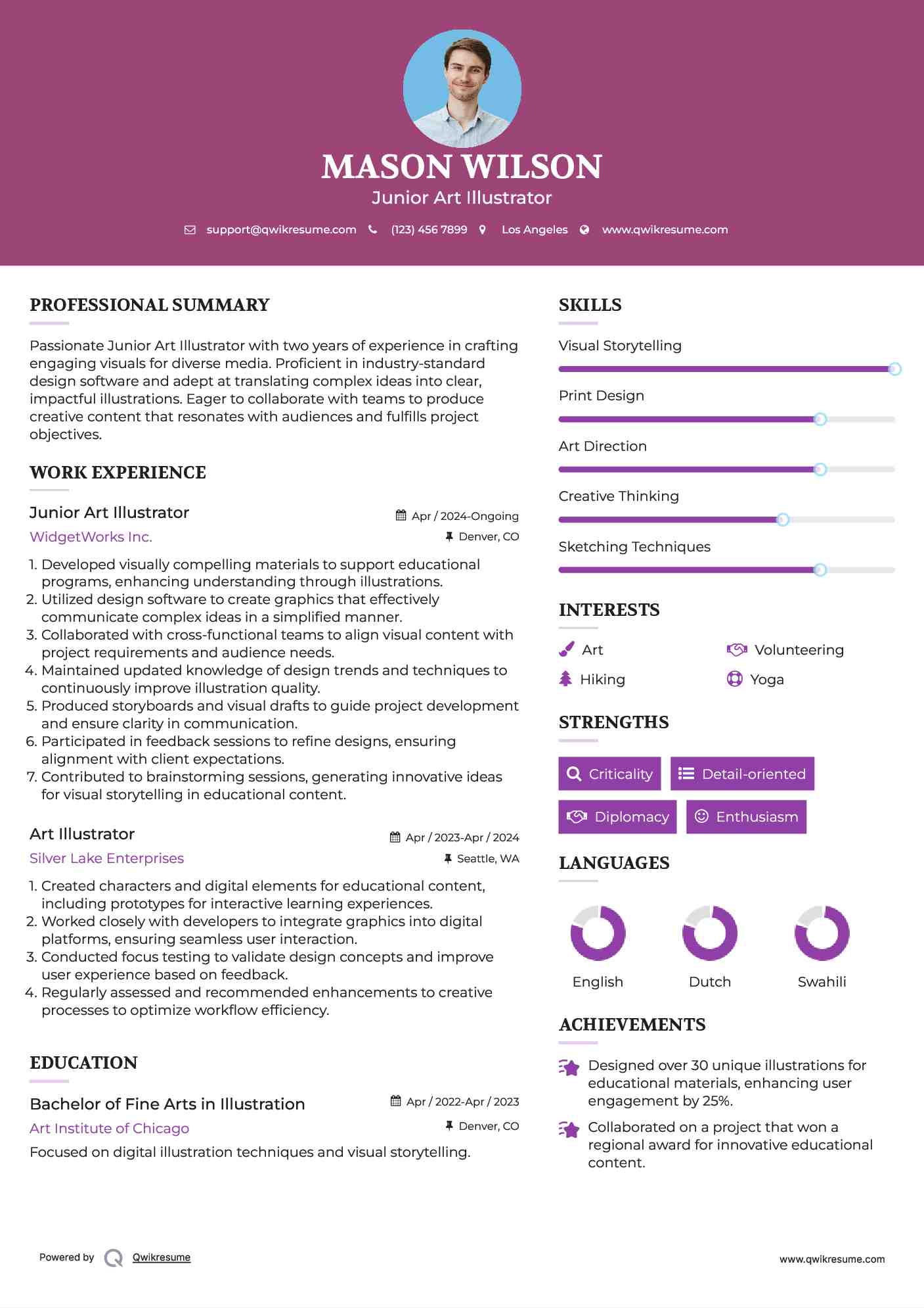 Junior Art Illustrator Resume Sample