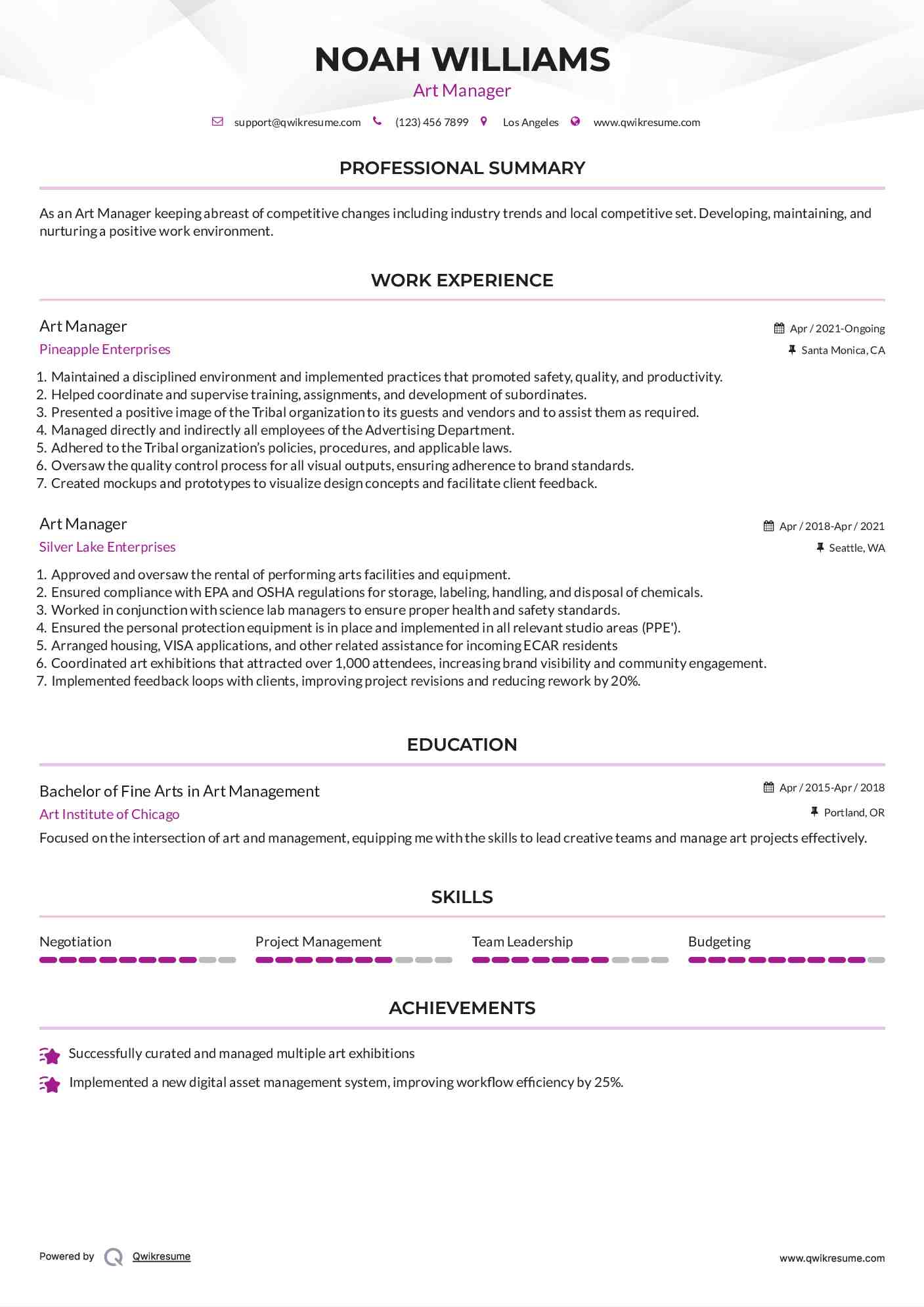Art Manager Resume Template