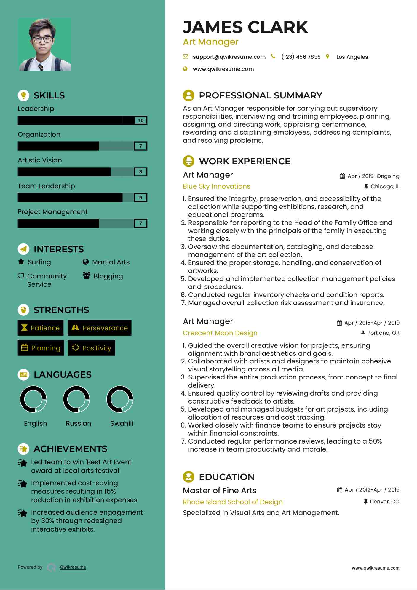 Art Manager Resume Example