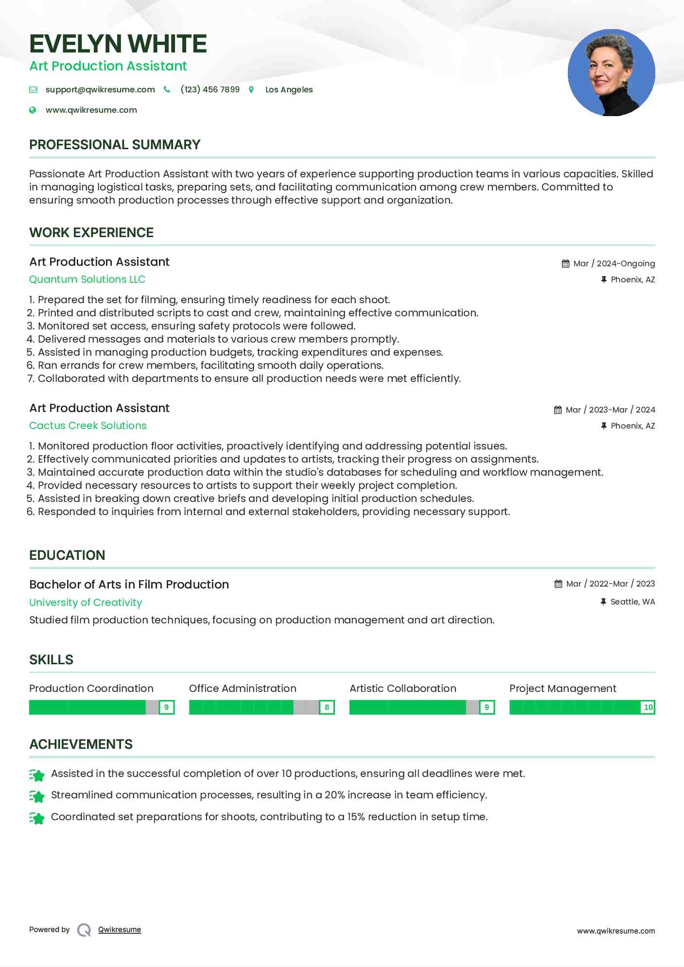 Art Production Assistant Resume Example