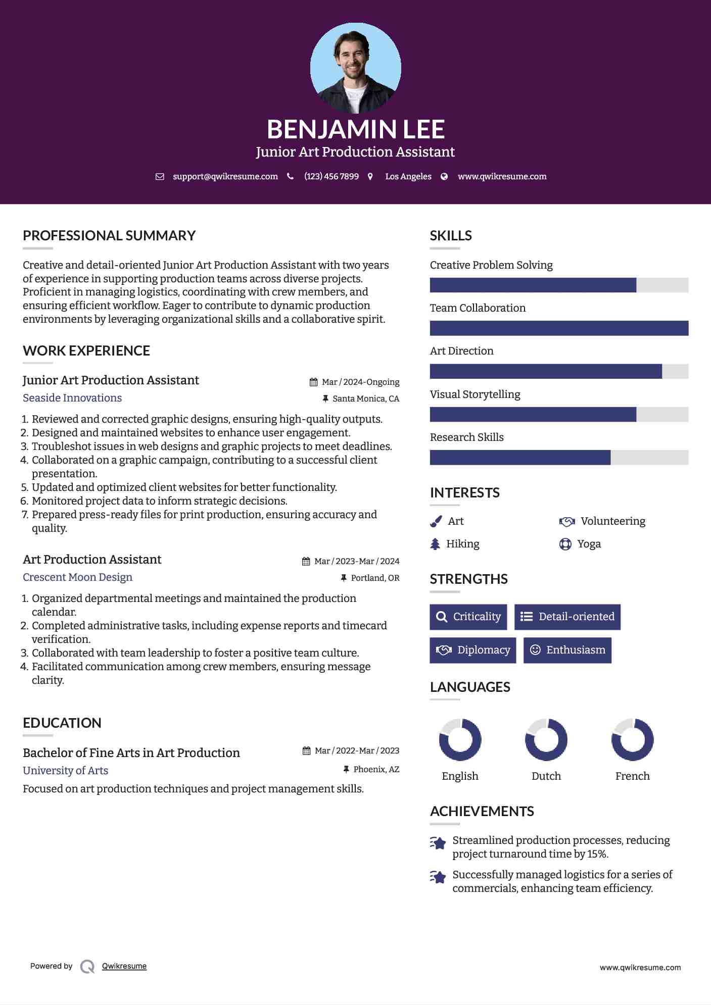 Junior Art Production Assistant Resume Model